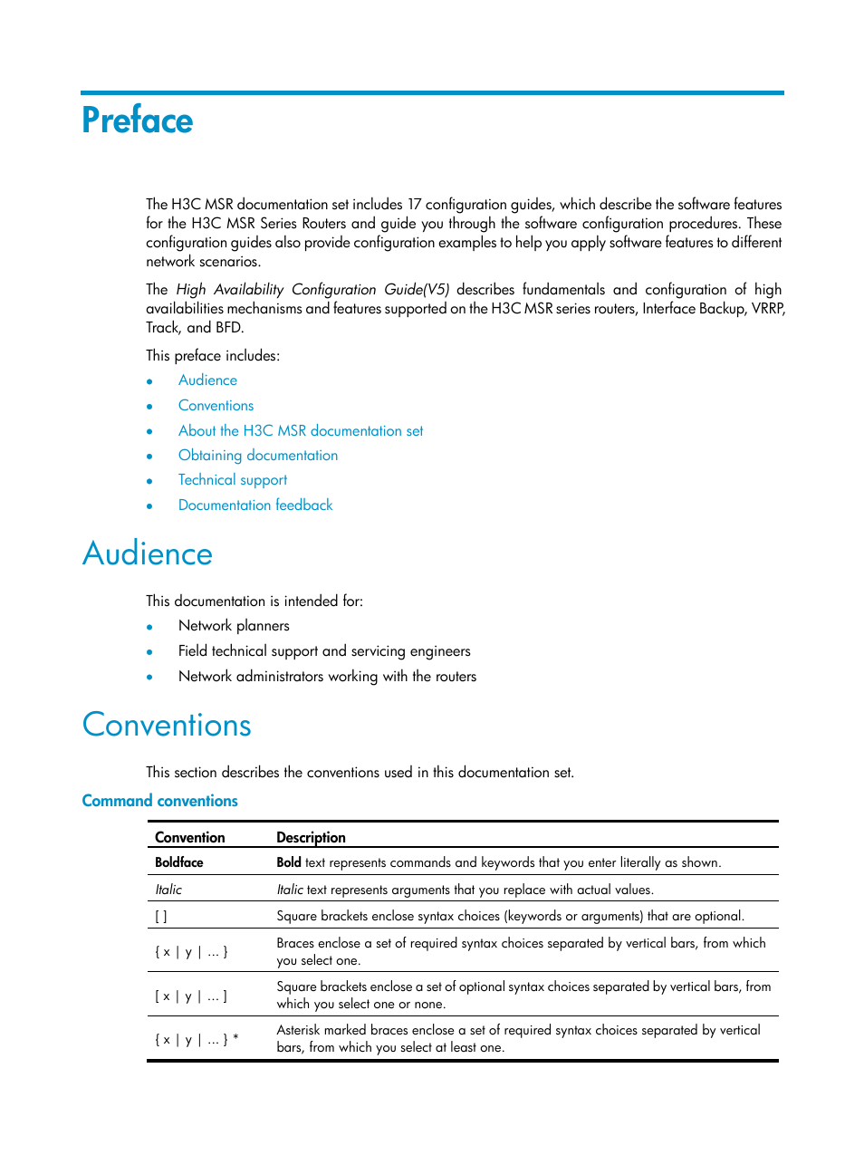 Preface, Audience, Conventions | Command conventions | H3C Technologies H3C MSR 50 User Manual | Page 3 / 124