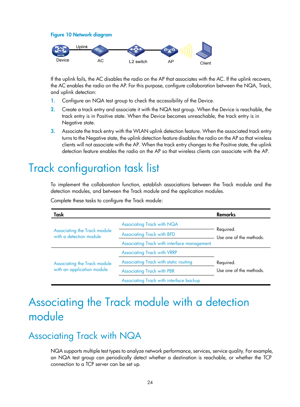 Track configuration task list, Associating track with nqa | H3C Technologies H3C MSR 50 User Manual | Page 32 / 124