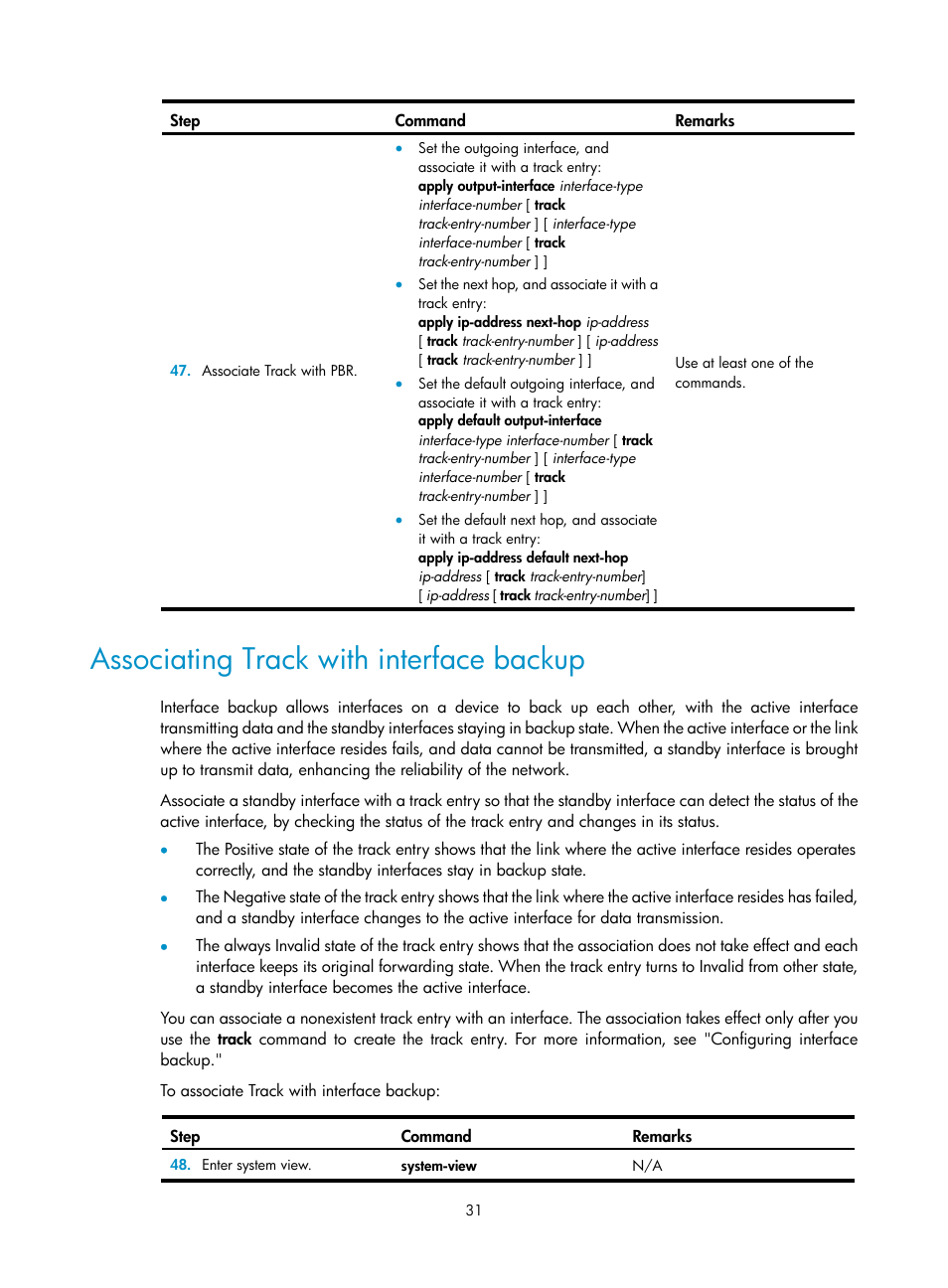 Associating track with interface backup | H3C Technologies H3C MSR 50 User Manual | Page 39 / 124