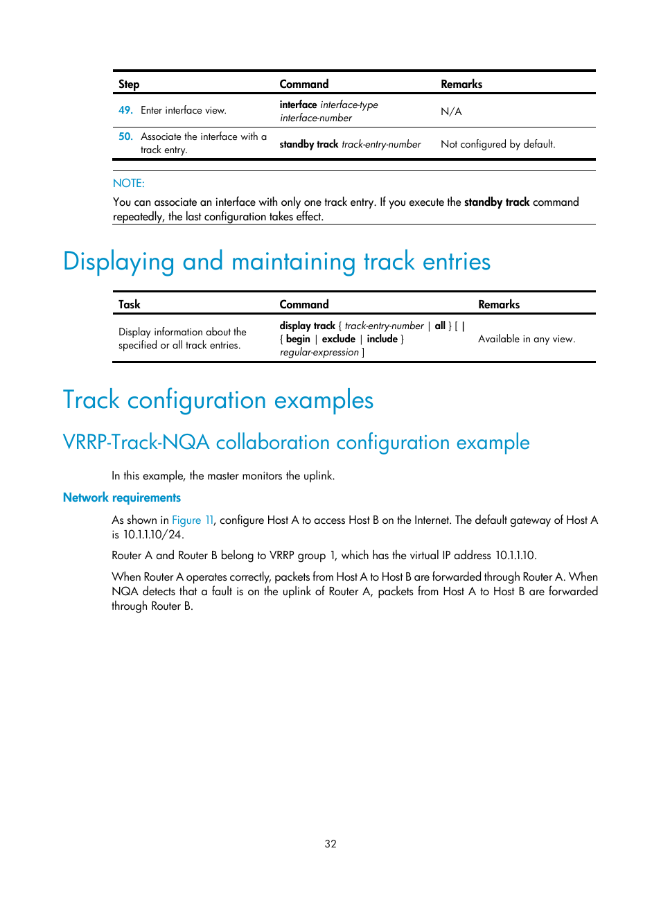 Displaying and maintaining track entries, Track configuration examples, Network requirements | Vrrp-track-nqa collaboration configuration example | H3C Technologies H3C MSR 50 User Manual | Page 40 / 124