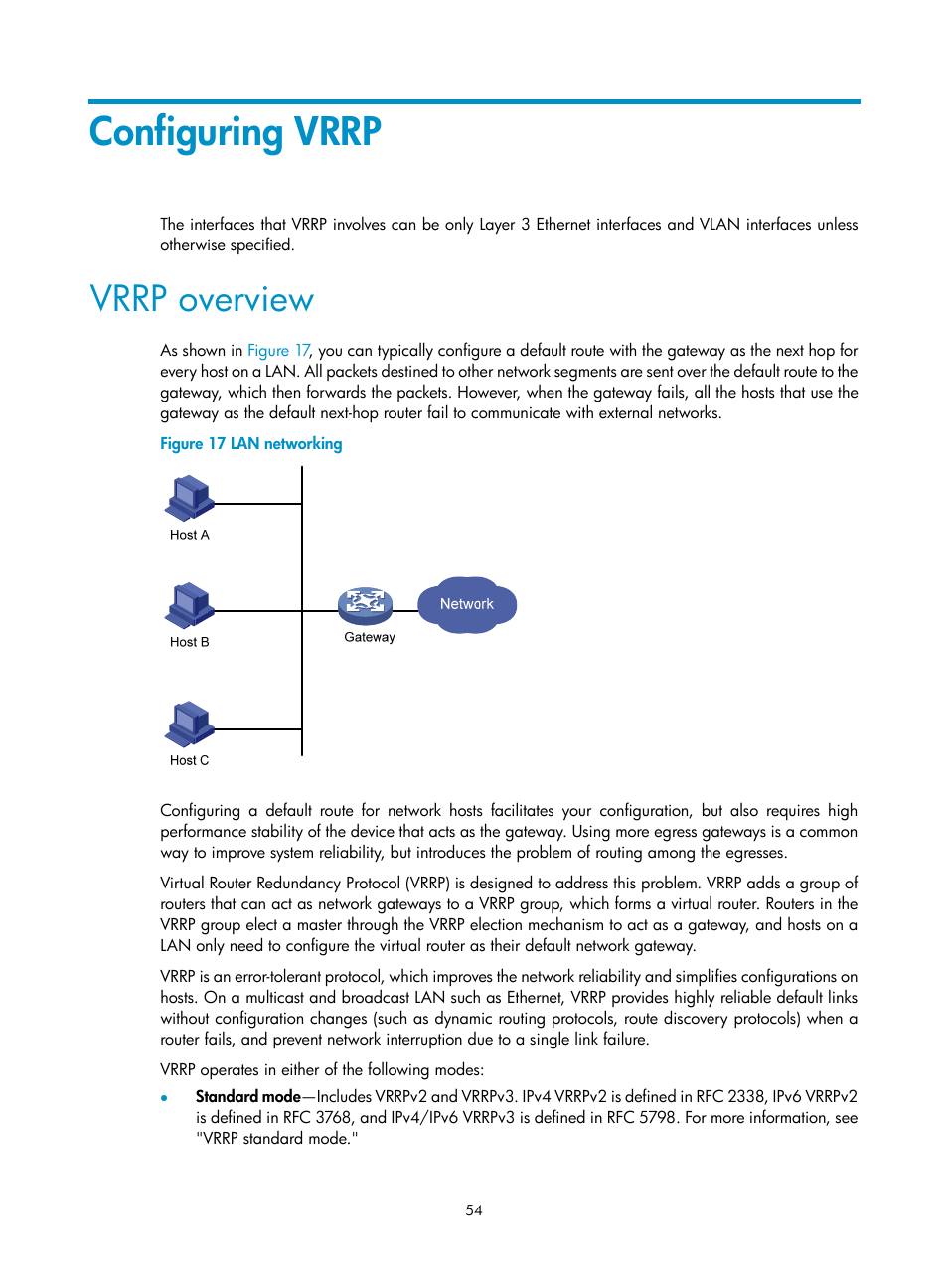 Configuring vrrp, Vrrp overview | H3C Technologies H3C MSR 50 User Manual | Page 62 / 124