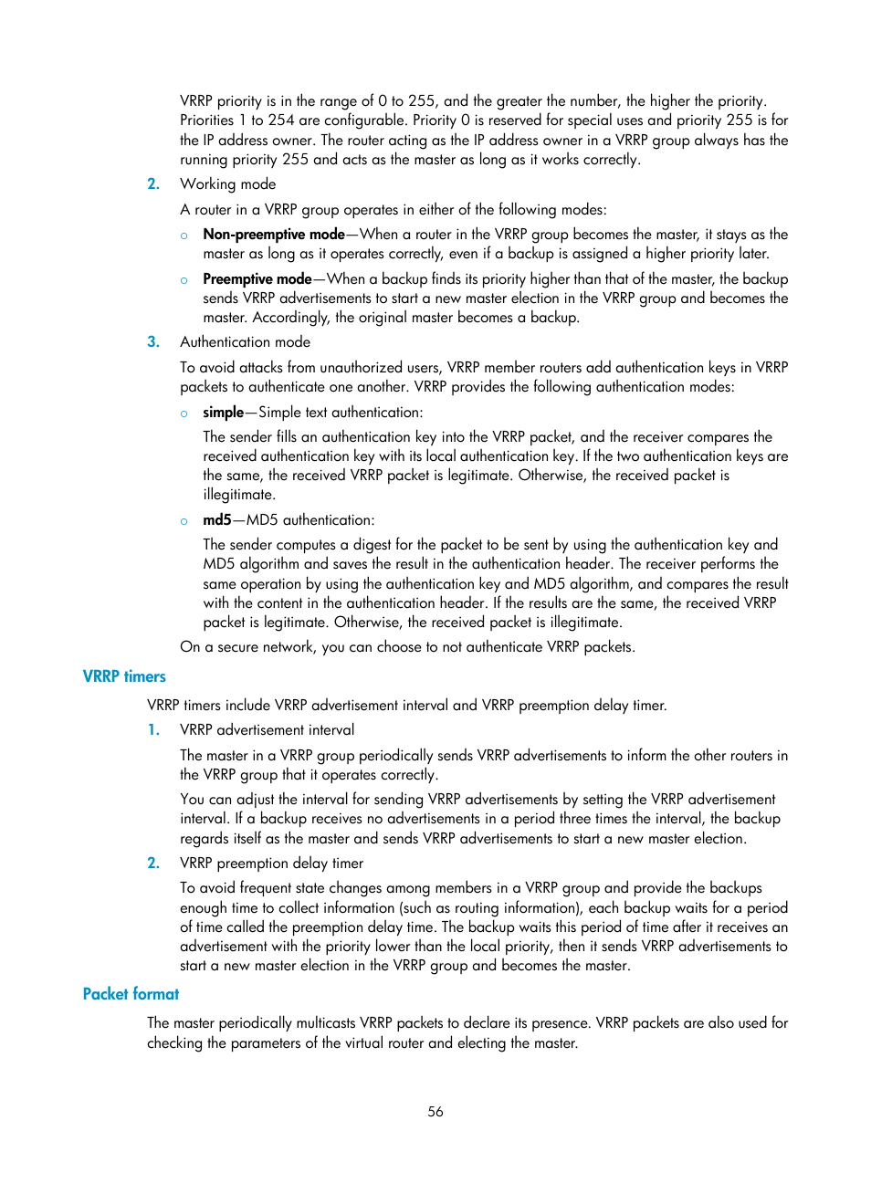 Vrrp timers, Packet format | H3C Technologies H3C MSR 50 User Manual | Page 64 / 124