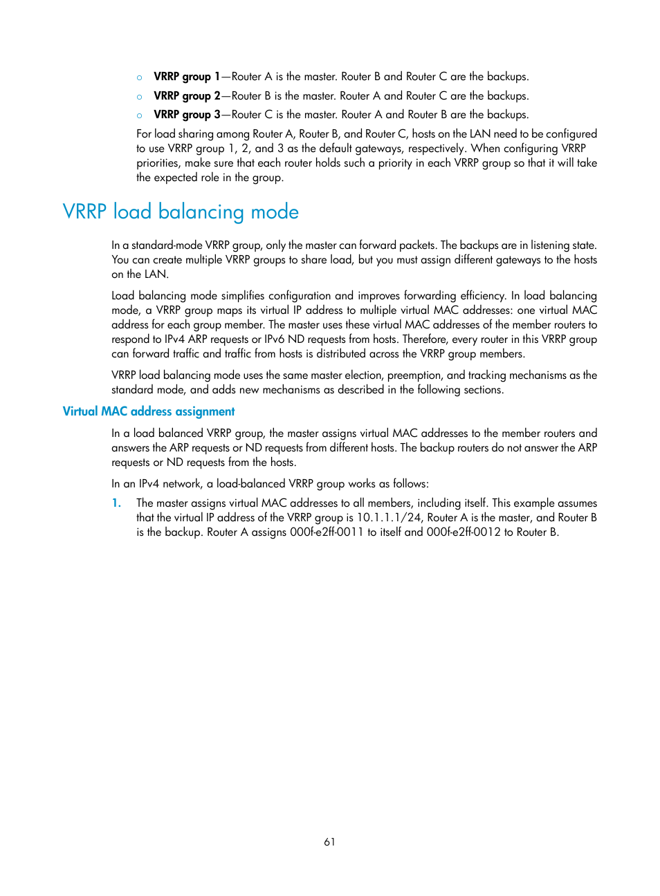 Virtual mac address assignment, Vrrp load balancing mode | H3C Technologies H3C MSR 50 User Manual | Page 69 / 124