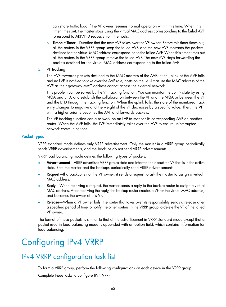 Packet types, Configuring ipv4 vrrp, Ipv4 vrrp configuration task list | H3C Technologies H3C MSR 50 User Manual | Page 73 / 124