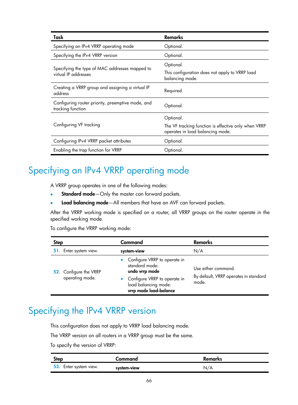 Specifying an ipv4 vrrp operating mode, Specifying the ipv4 vrrp version | H3C Technologies H3C MSR 50 User Manual | Page 74 / 124