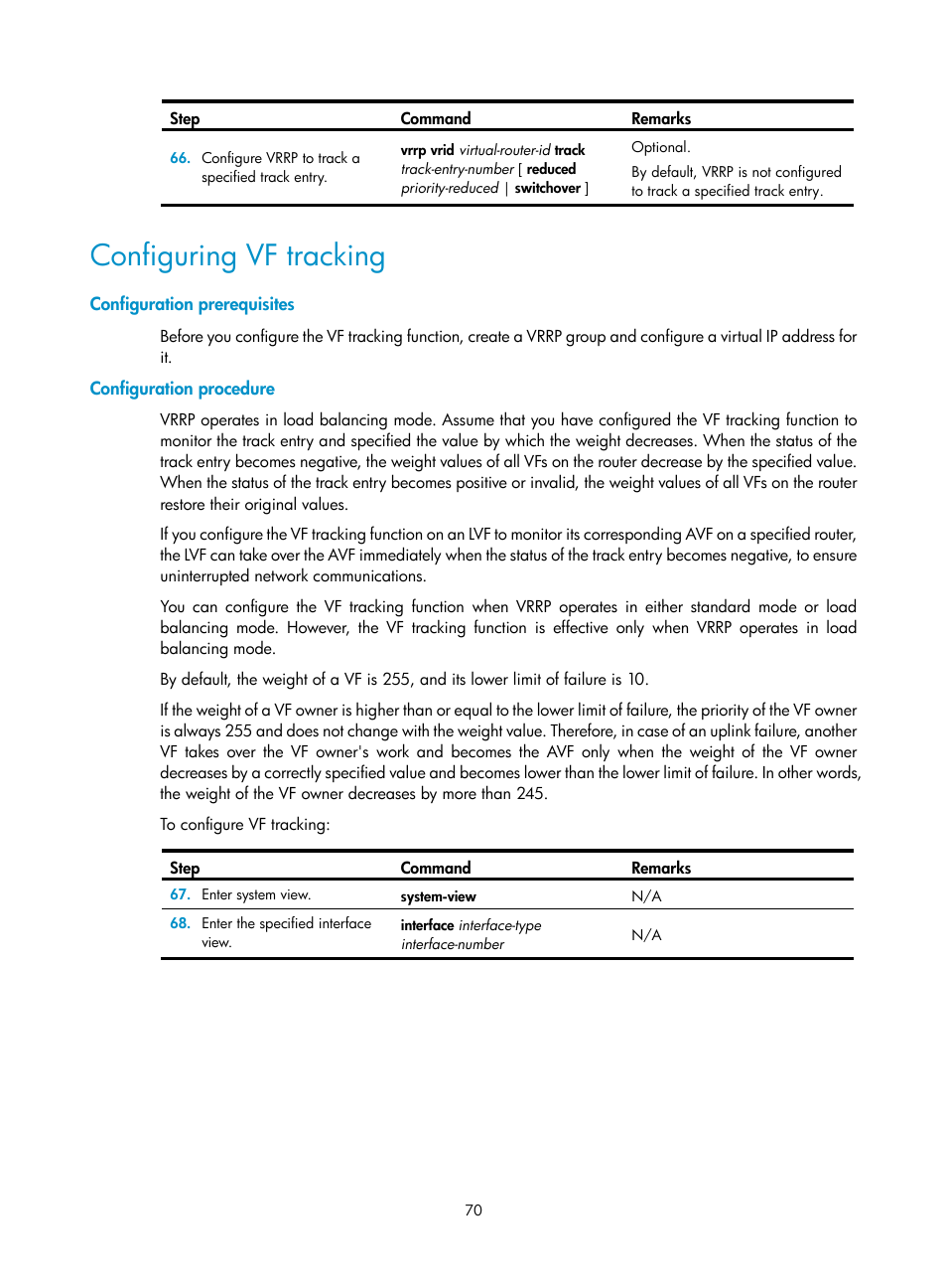 Configuration prerequisites, Configuration procedure, Configuring vf tracking | H3C Technologies H3C MSR 50 User Manual | Page 78 / 124