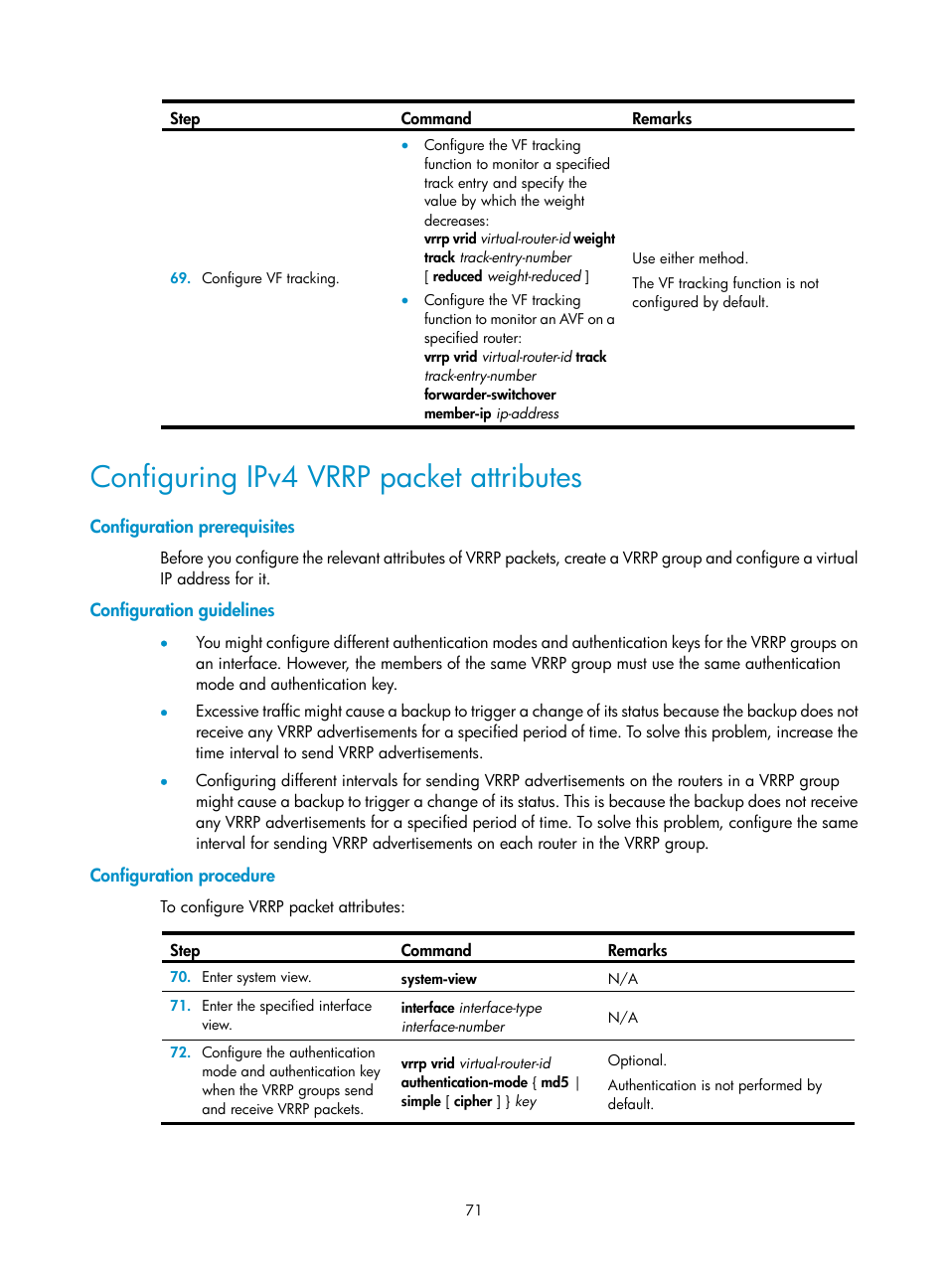 Configuration prerequisites, Configuration guidelines, Configuration procedure | Configuring ipv4 vrrp packet attributes | H3C Technologies H3C MSR 50 User Manual | Page 79 / 124