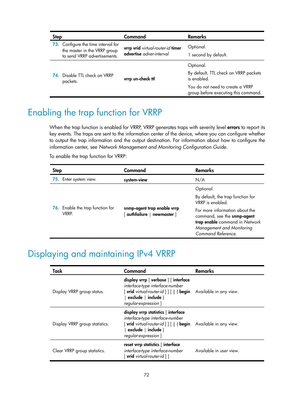 Enabling the trap function for vrrp, Displaying and maintaining ipv4 vrrp | H3C Technologies H3C MSR 50 User Manual | Page 80 / 124