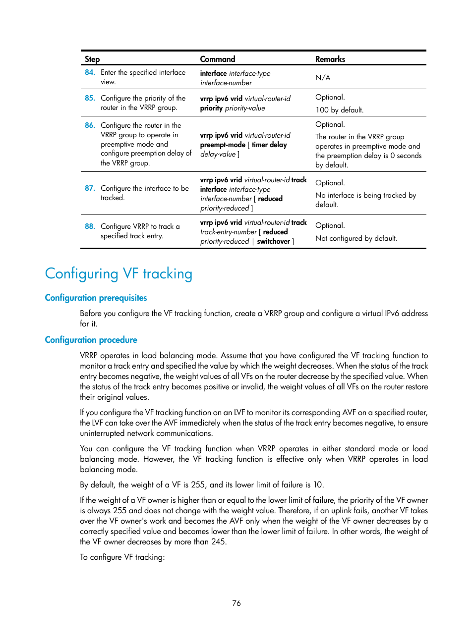 Configuration prerequisites, Configuration procedure, Configuring vf tracking | H3C Technologies H3C MSR 50 User Manual | Page 84 / 124