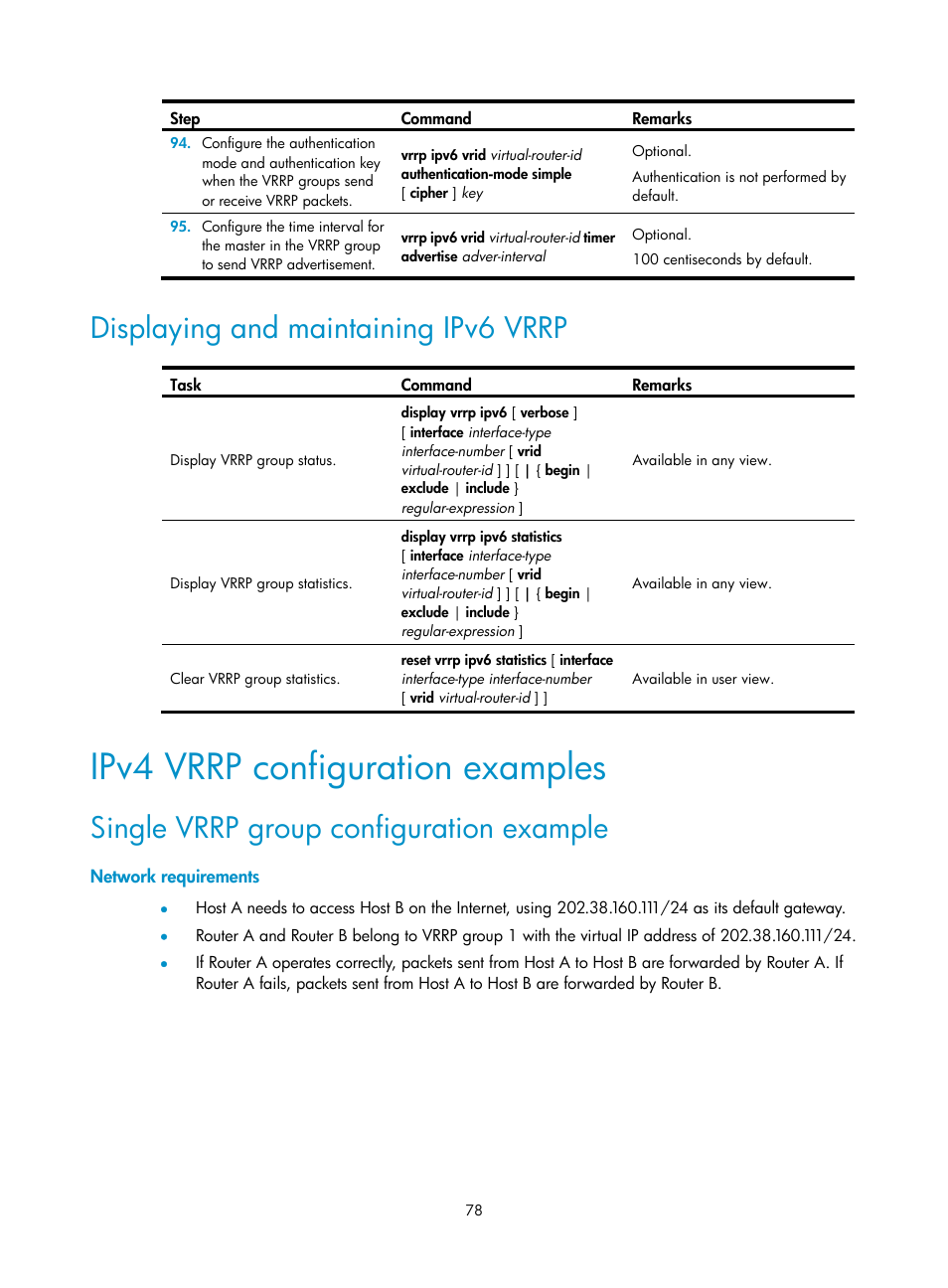 Ipv4 vrrp configuration examples, Network requirements, Displaying and maintaining ipv6 vrrp | Single vrrp group configuration example | H3C Technologies H3C MSR 50 User Manual | Page 86 / 124