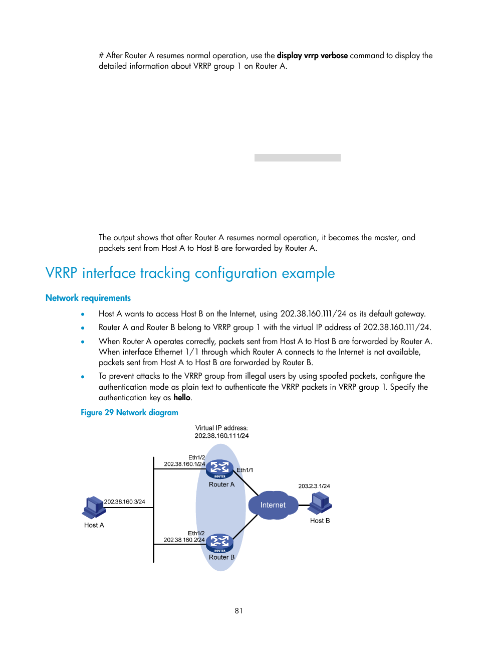 Network requirements, Vrrp interface tracking configuration example | H3C Technologies H3C MSR 50 User Manual | Page 89 / 124