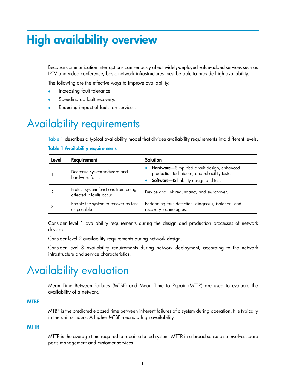 High availability overview, Availability requirements, Availability evaluation | Mtbf, Mttr | H3C Technologies H3C MSR 50 User Manual | Page 9 / 124