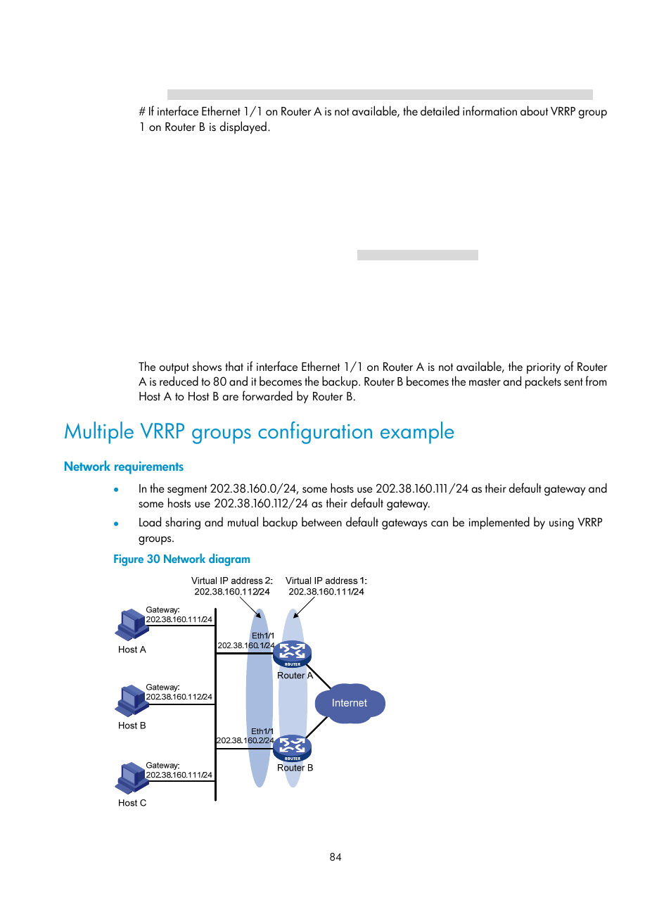 Network requirements, Multiple vrrp groups configuration example | H3C Technologies H3C MSR 50 User Manual | Page 92 / 124