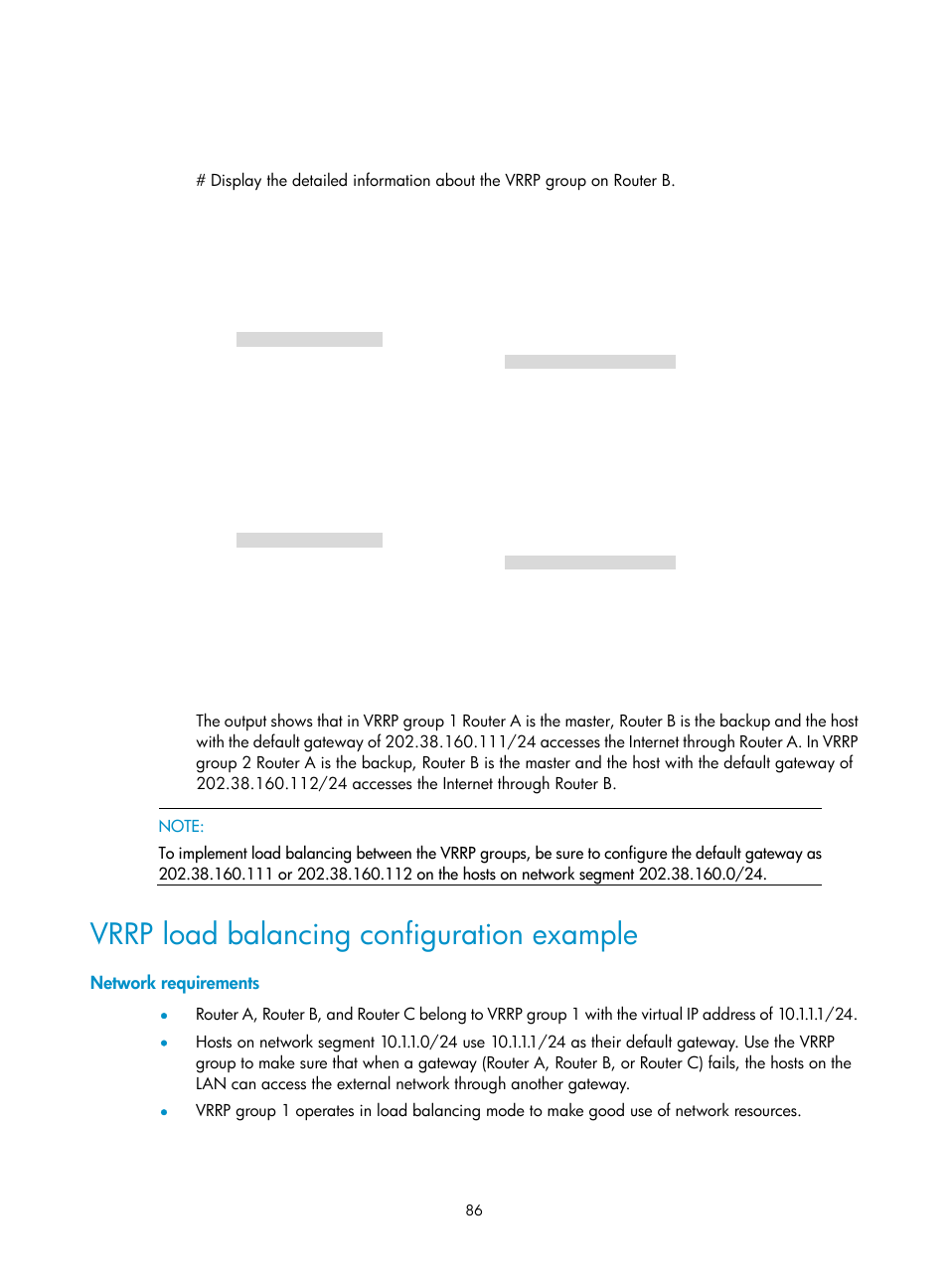 Network requirements, Vrrp load balancing configuration example | H3C Technologies H3C MSR 50 User Manual | Page 94 / 124