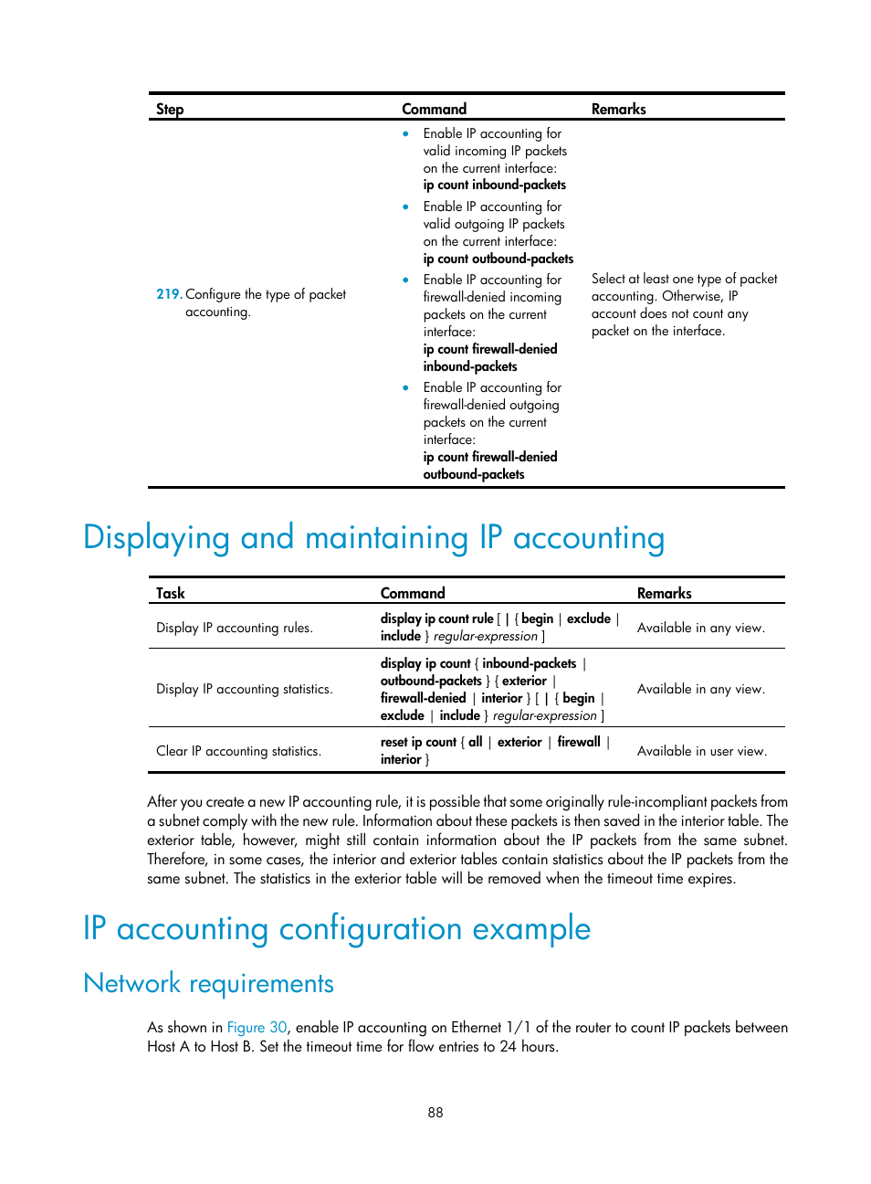Displaying and maintaining ip accounting, Ip accounting configuration example, Network requirements | H3C Technologies H3C MSR 50 User Manual | Page 101 / 239