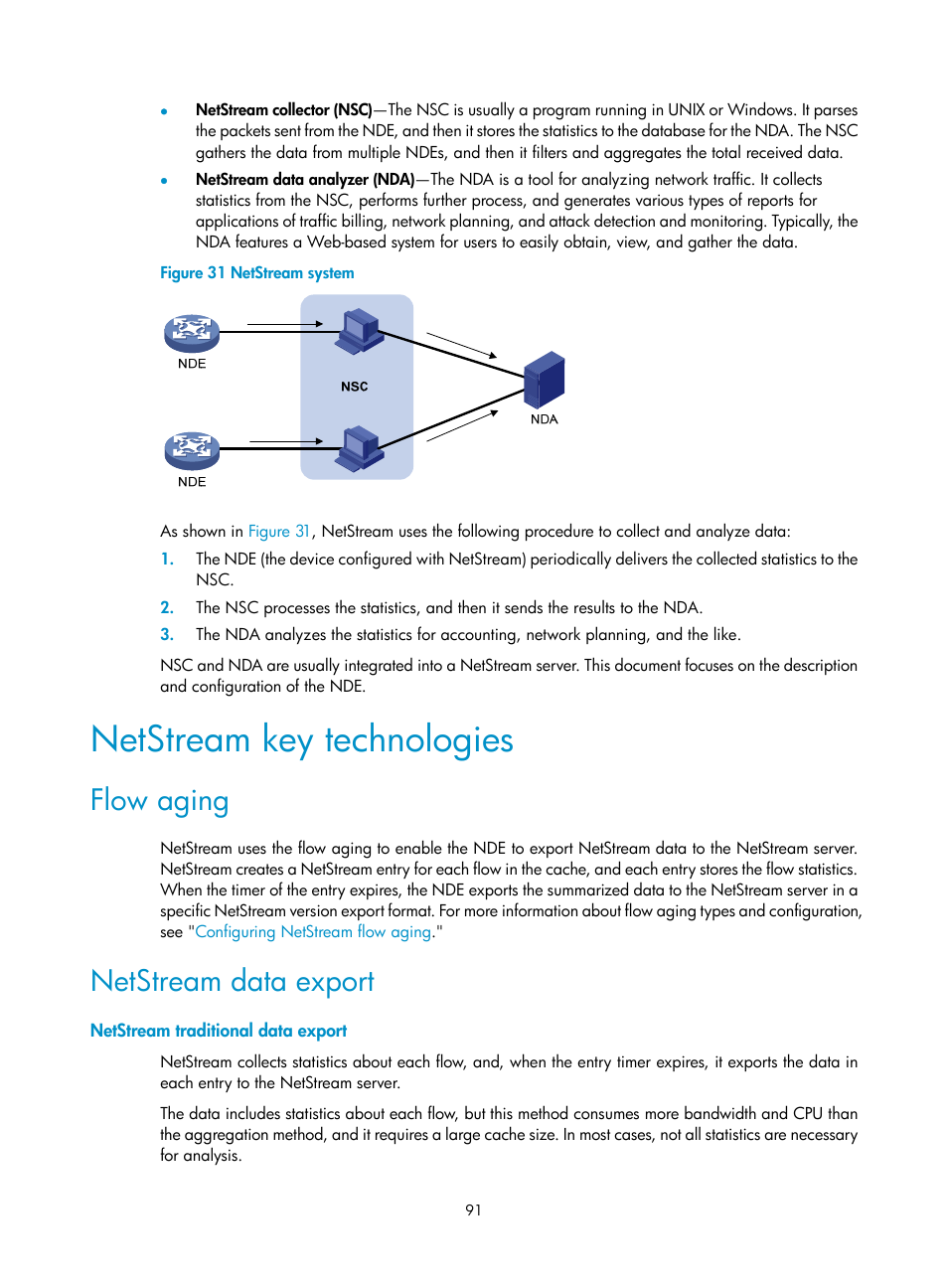 Netstream key technologies, Flow aging, Netstream data export | Netstream traditional data export | H3C Technologies H3C MSR 50 User Manual | Page 104 / 239
