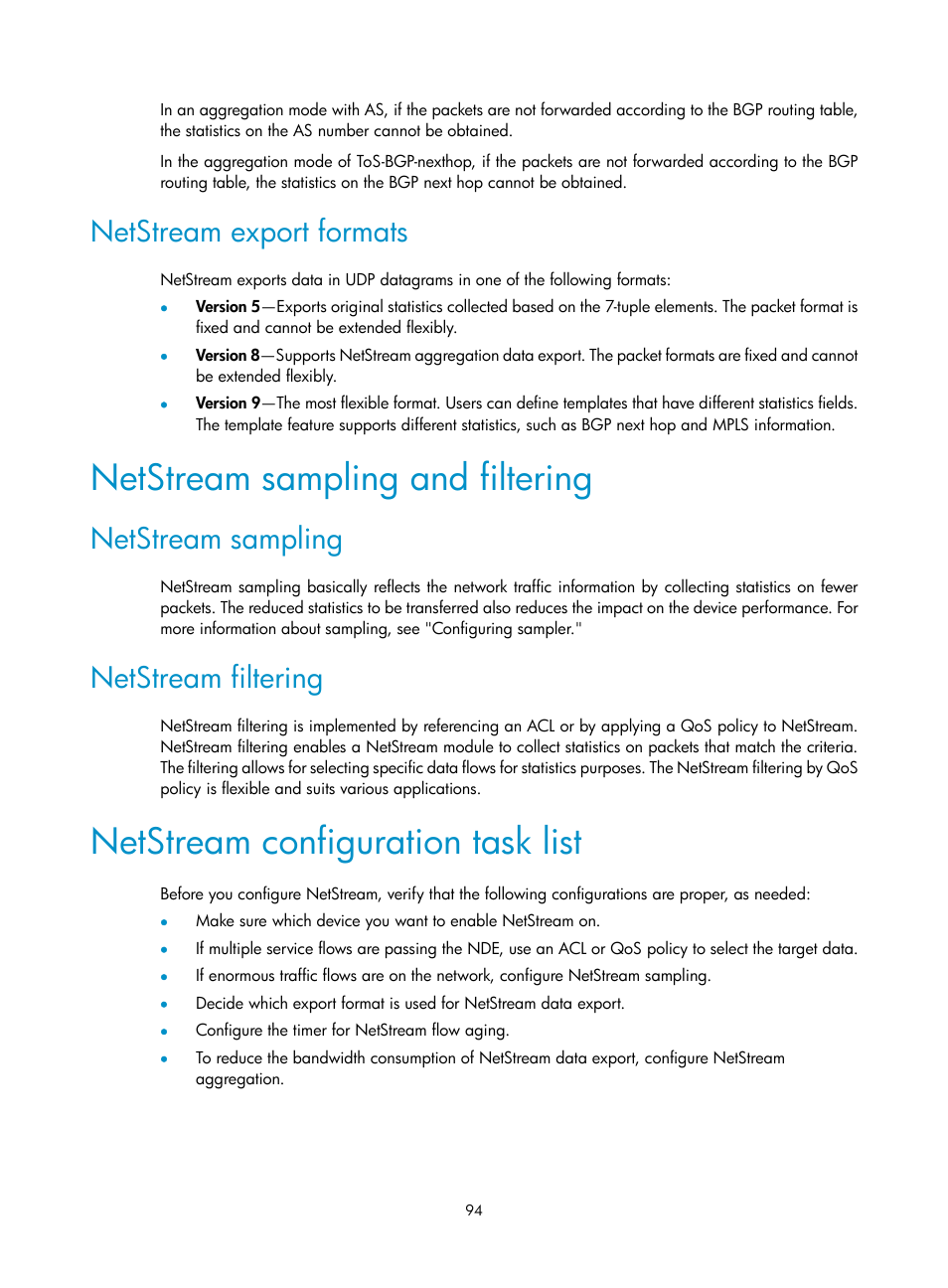 Netstream export formats, Netstream sampling and filtering, Netstream sampling | Netstream filtering, Netstream configuration task list, Ng and filtering, Nets, Netstream sampli, Tream configuration task list, Netst | H3C Technologies H3C MSR 50 User Manual | Page 107 / 239