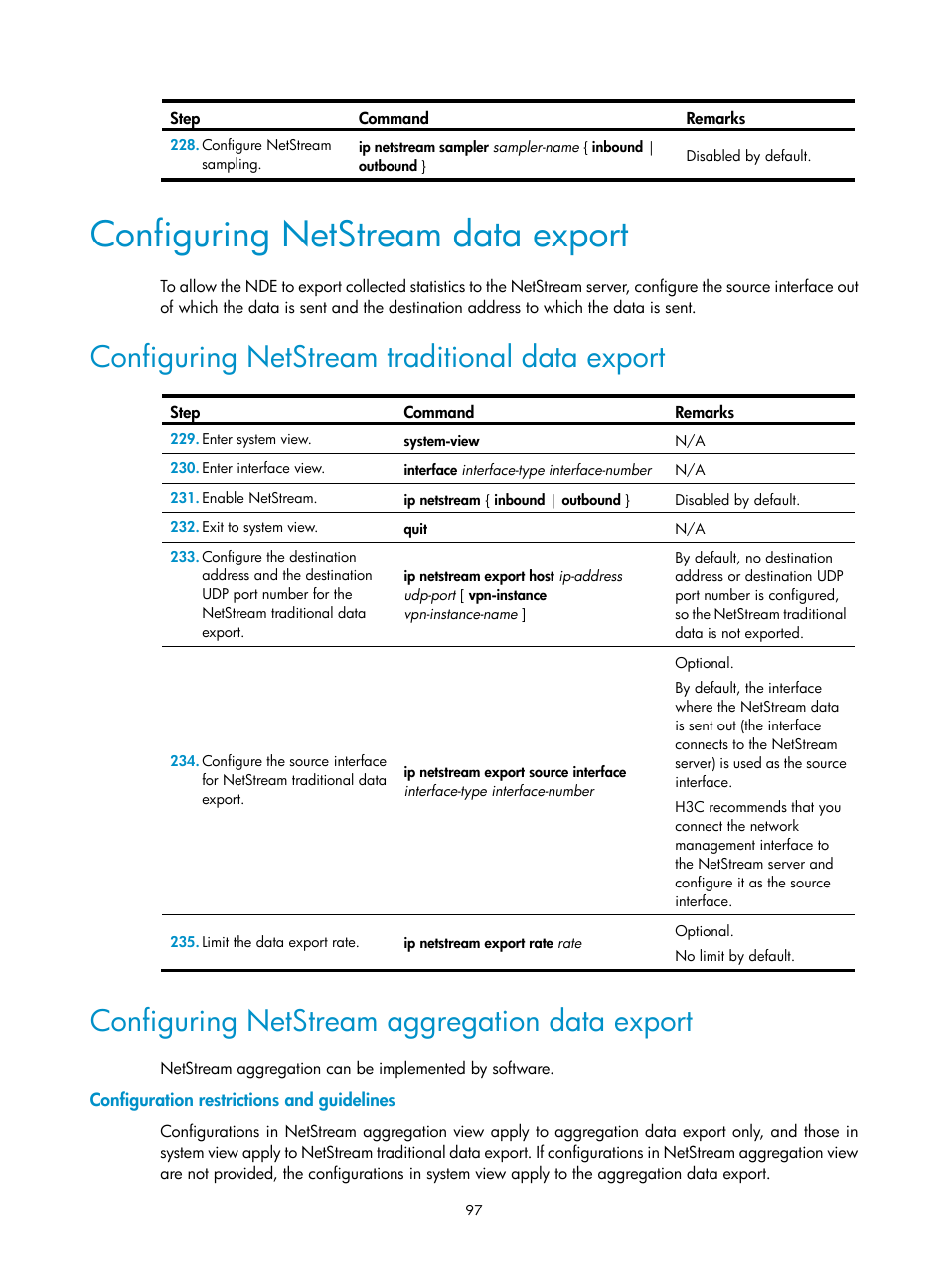 Configuring netstream data export, Configuring netstream traditional data export, Configuring netstream aggregation data export | Configuration restrictions and guidelines | H3C Technologies H3C MSR 50 User Manual | Page 110 / 239