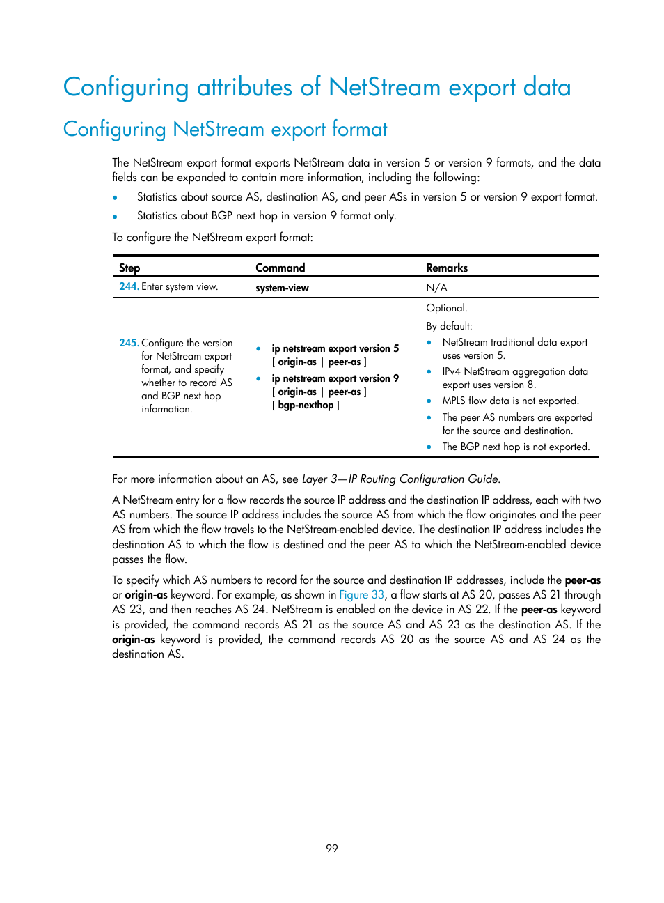 Configuring attributes of netstream export data, Configuring netstream export format | H3C Technologies H3C MSR 50 User Manual | Page 112 / 239
