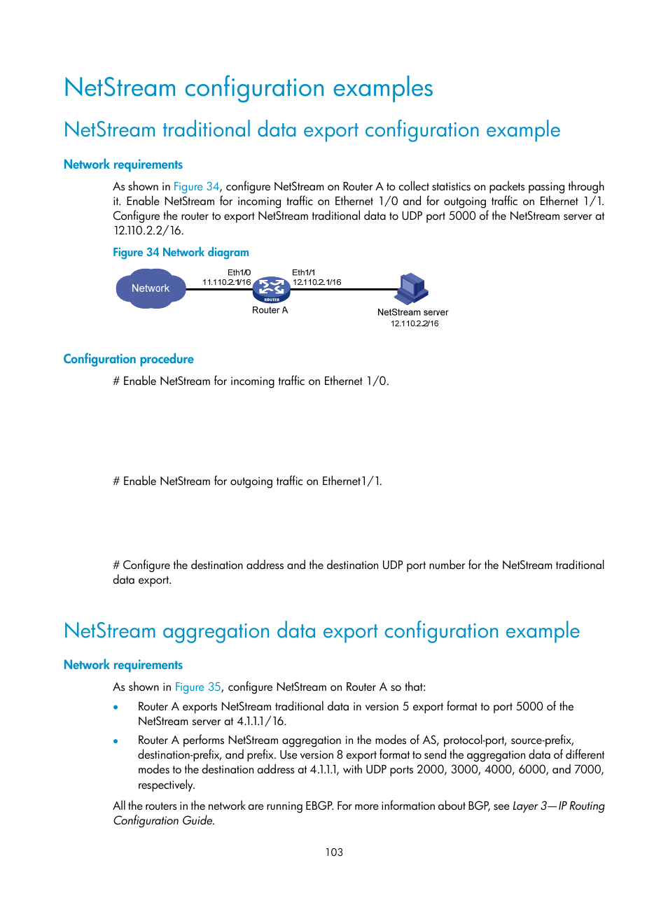 Netstream configuration examples, Network requirements, Configuration procedure | H3C Technologies H3C MSR 50 User Manual | Page 116 / 239