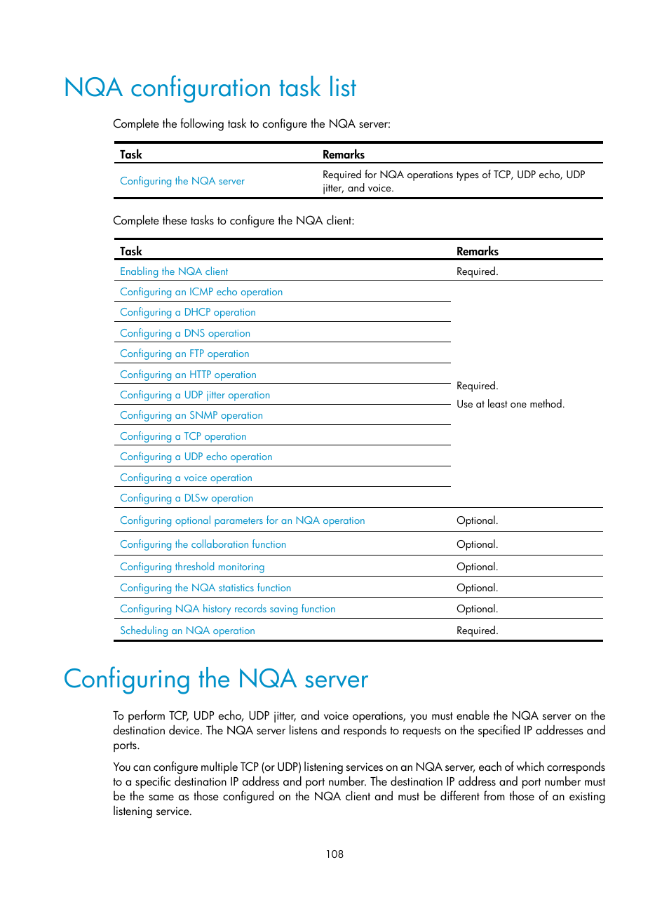 Nqa configuration task list, Configuring the nqa server | H3C Technologies H3C MSR 50 User Manual | Page 121 / 239