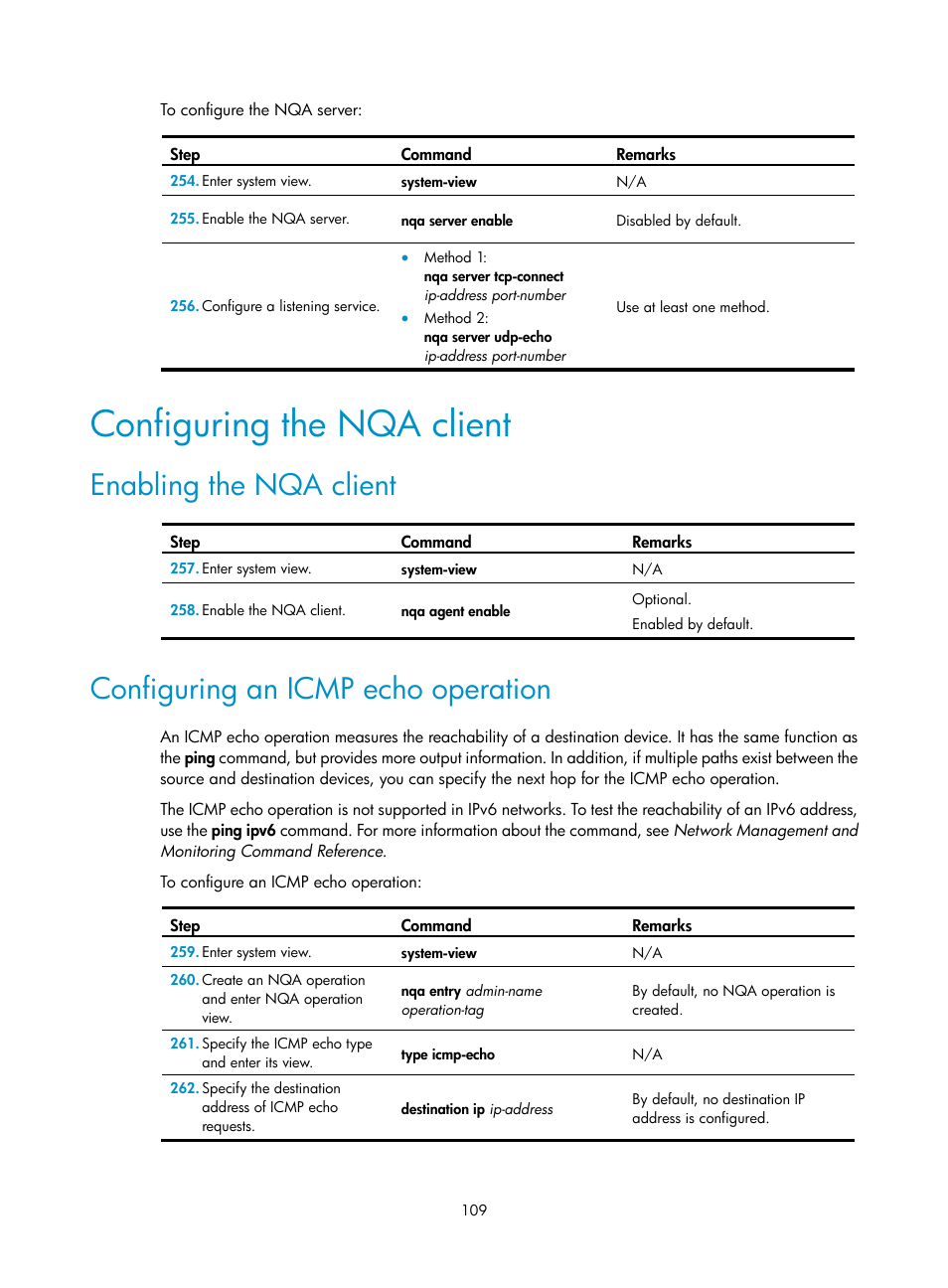 Configuring the nqa client, Enabling the nqa client, Configuring an icmp echo operation | H3C Technologies H3C MSR 50 User Manual | Page 122 / 239