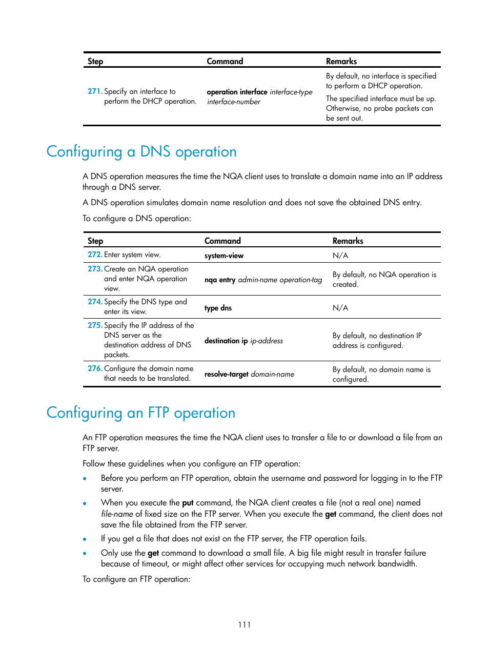 Configuring a dns operation, Configuring an ftp operation | H3C Technologies H3C MSR 50 User Manual | Page 124 / 239