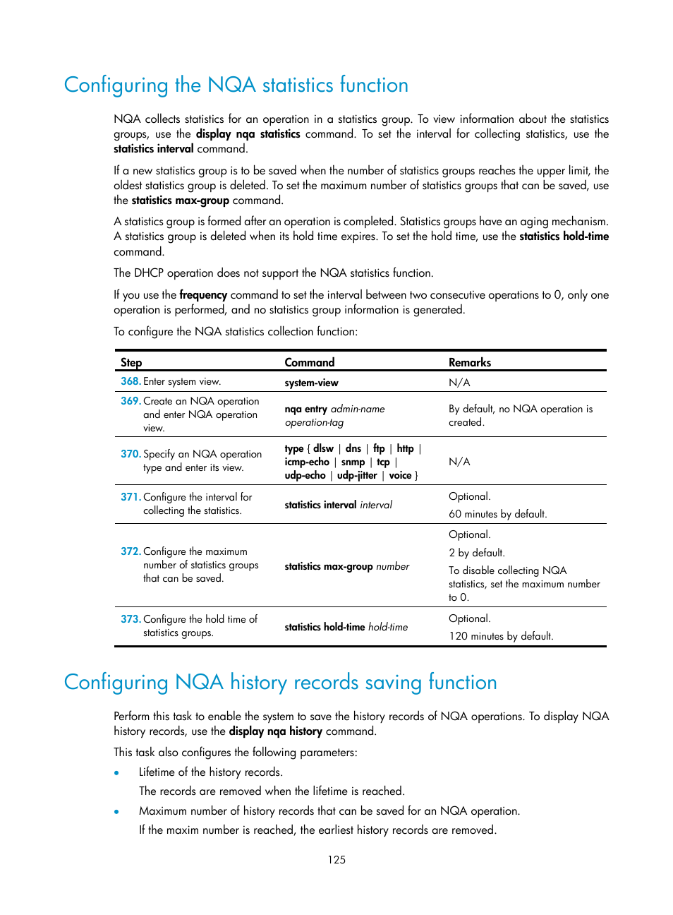 Configuring the nqa statistics function, Configuring nqa history records saving function | H3C Technologies H3C MSR 50 User Manual | Page 138 / 239