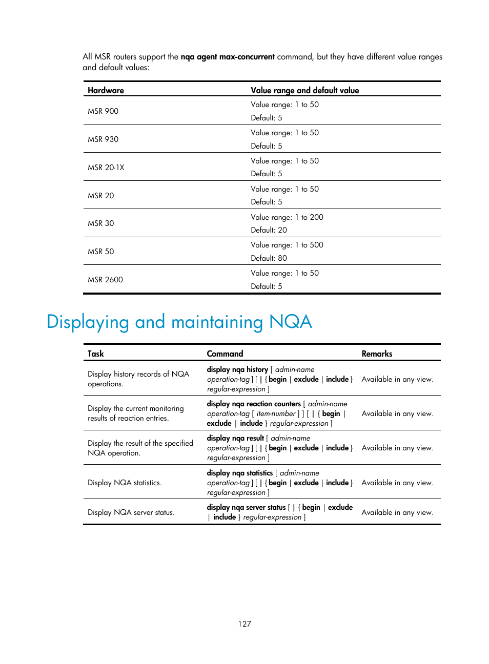 Displaying and maintaining nqa | H3C Technologies H3C MSR 50 User Manual | Page 140 / 239