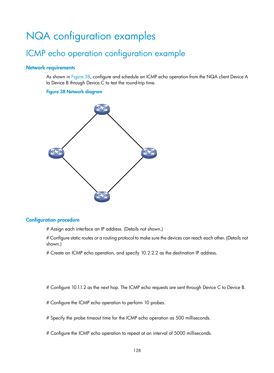 Nqa configuration examples, Icmp echo operation configuration example, Network requirements | Configuration procedure | H3C Technologies H3C MSR 50 User Manual | Page 141 / 239