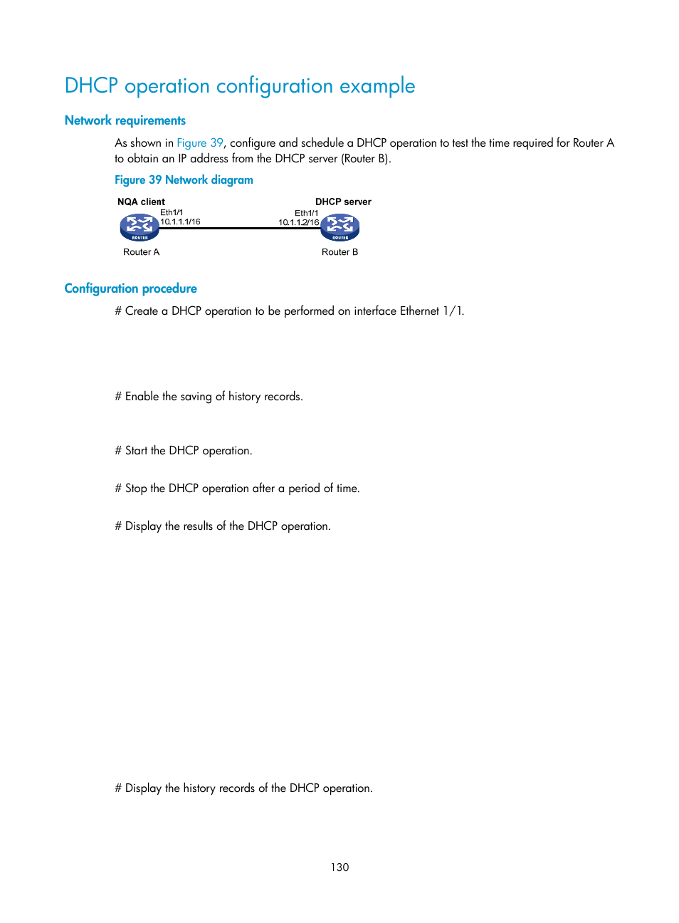 Dhcp operation configuration example, Network requirements, Configuration procedure | H3C Technologies H3C MSR 50 User Manual | Page 143 / 239