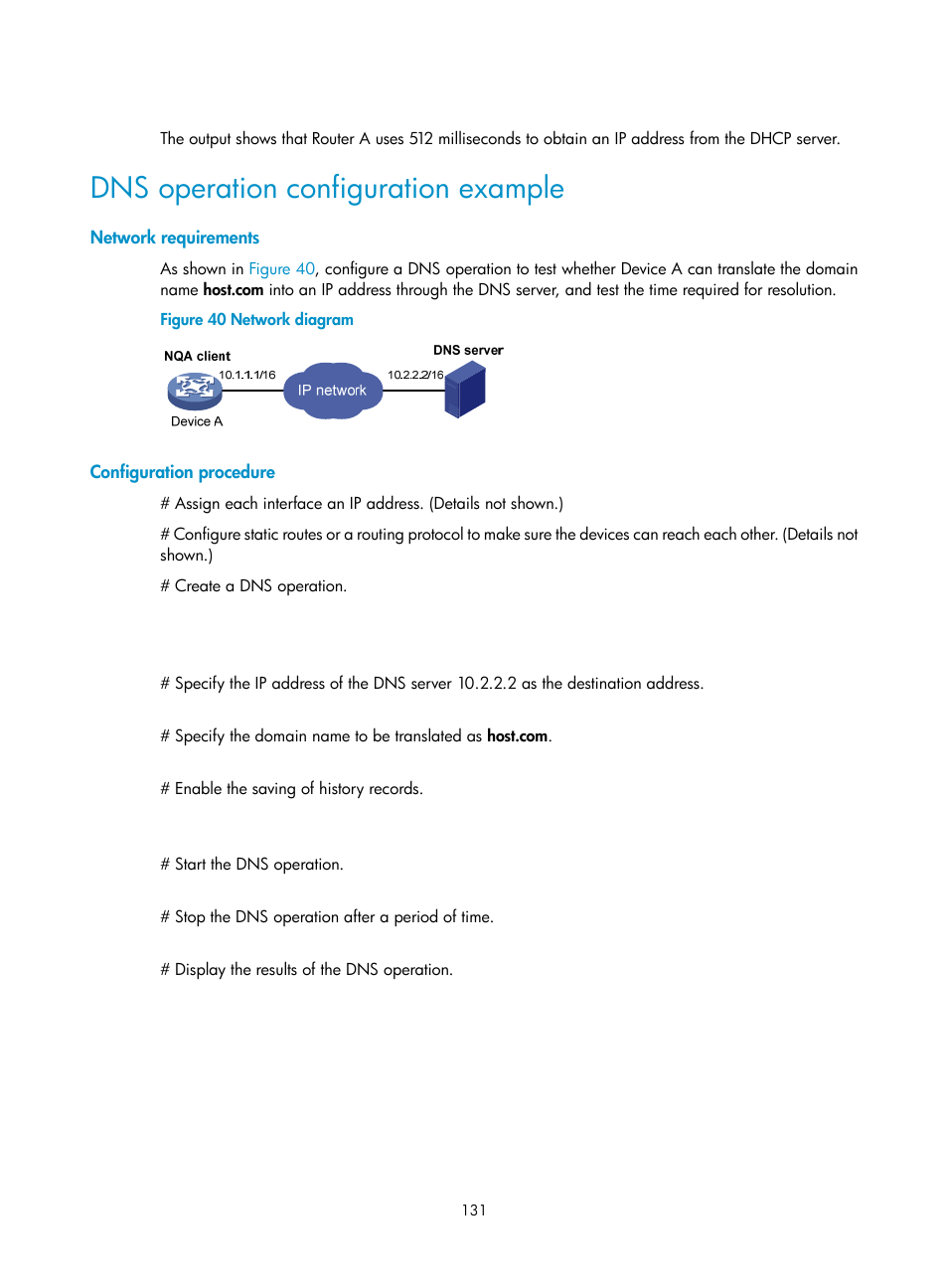 Dns operation configuration example, Network requirements, Configuration procedure | H3C Technologies H3C MSR 50 User Manual | Page 144 / 239