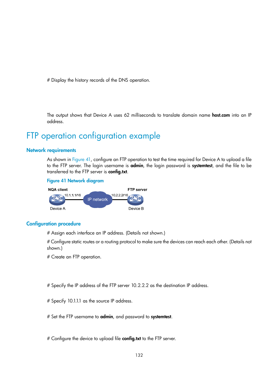 Ftp operation configuration example, Network requirements, Configuration procedure | H3C Technologies H3C MSR 50 User Manual | Page 145 / 239