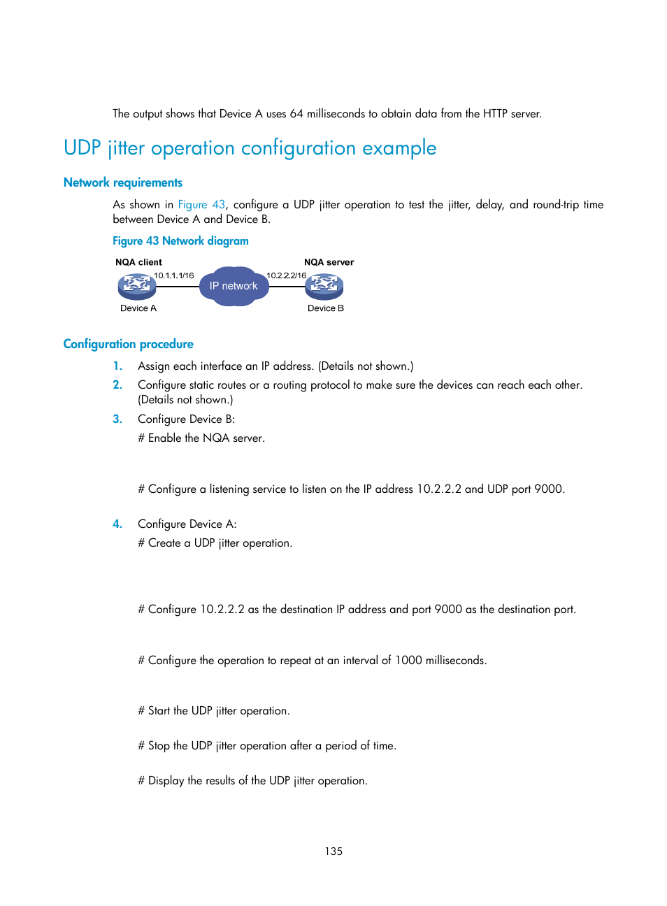 Udp jitter operation configuration example, Network requirements, Configuration procedure | H3C Technologies H3C MSR 50 User Manual | Page 148 / 239