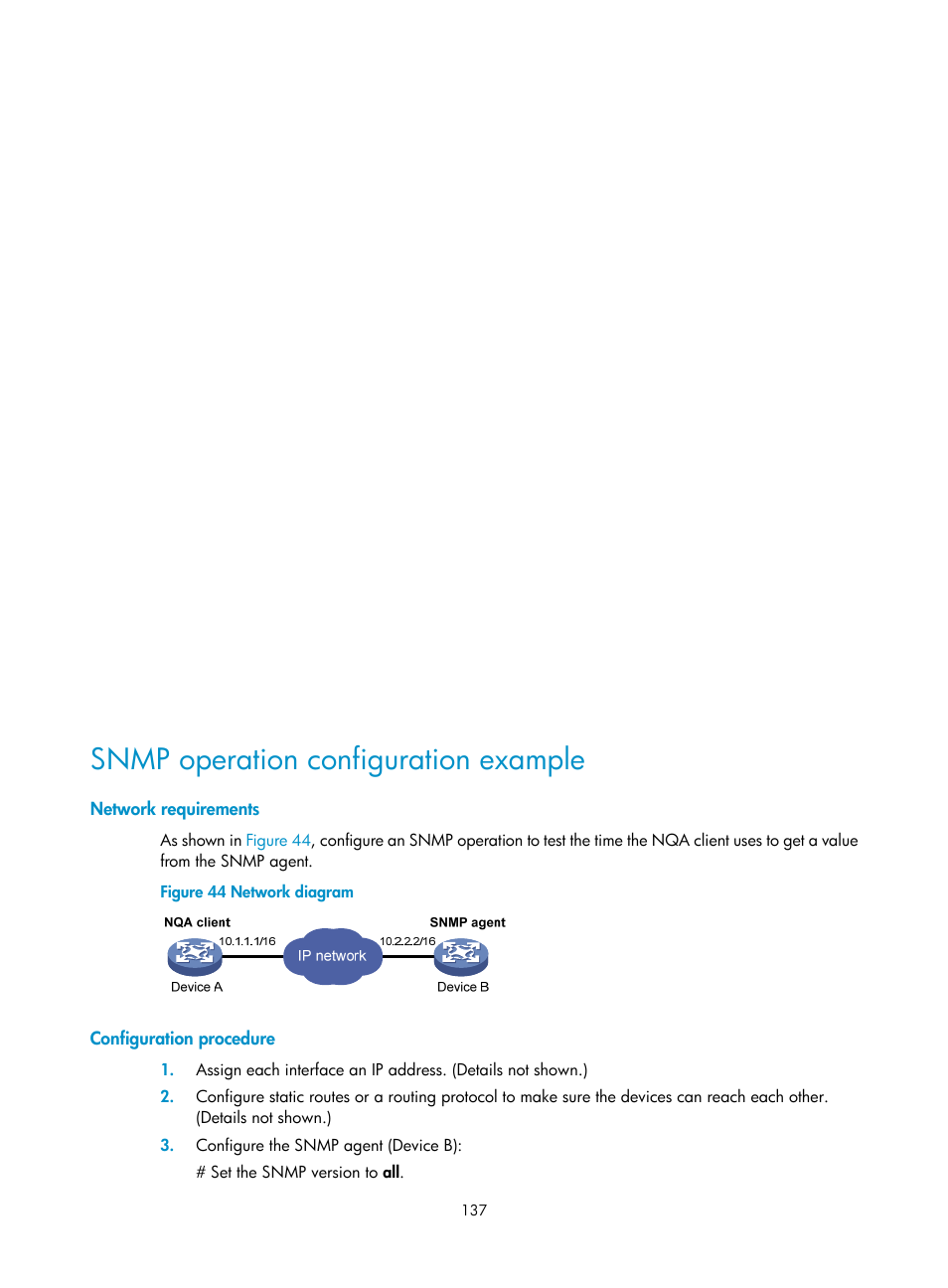 Snmp operation configuration example, Network requirements, Configuration procedure | H3C Technologies H3C MSR 50 User Manual | Page 150 / 239