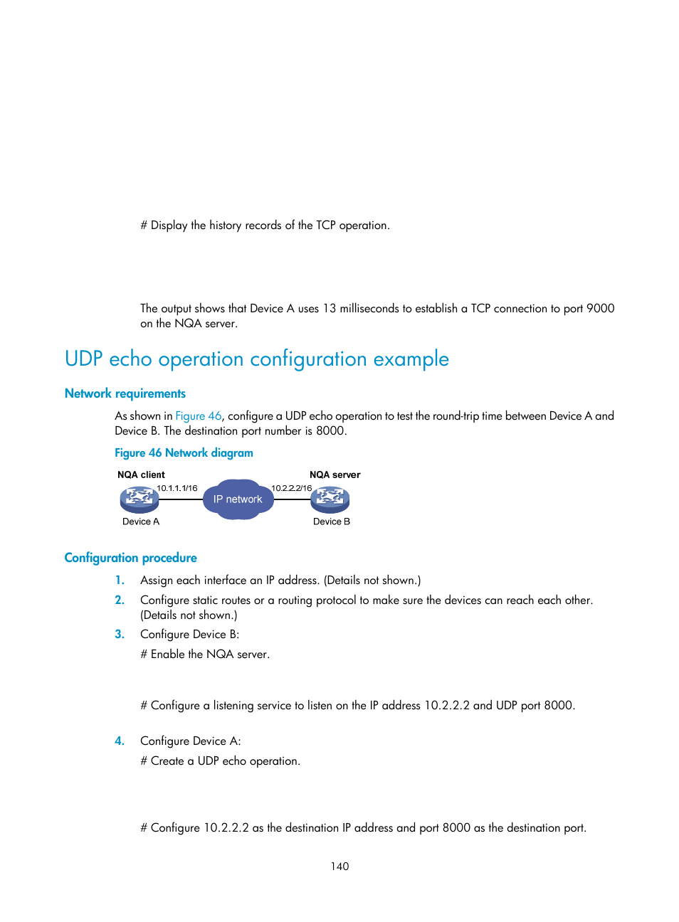 Udp echo operation configuration example, Network requirements, Configuration procedure | H3C Technologies H3C MSR 50 User Manual | Page 153 / 239