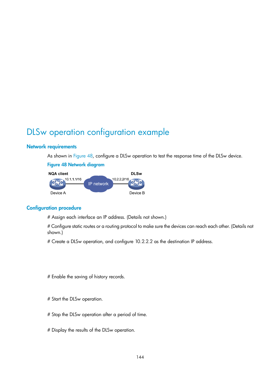 Dlsw operation configuration example, Network requirements, Configuration procedure | H3C Technologies H3C MSR 50 User Manual | Page 157 / 239