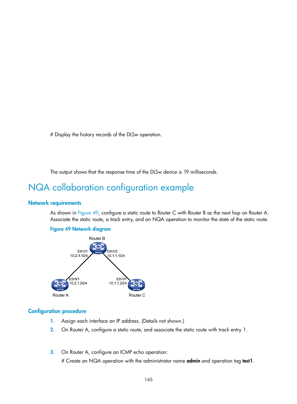 Nqa collaboration configuration example, Network requirements, Configuration procedure | H3C Technologies H3C MSR 50 User Manual | Page 158 / 239