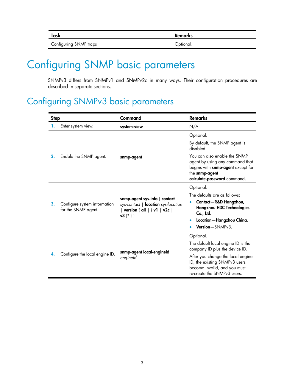 Configuring snmp basic parameters, Configuring snmpv3 basic parameters | H3C Technologies H3C MSR 50 User Manual | Page 16 / 239