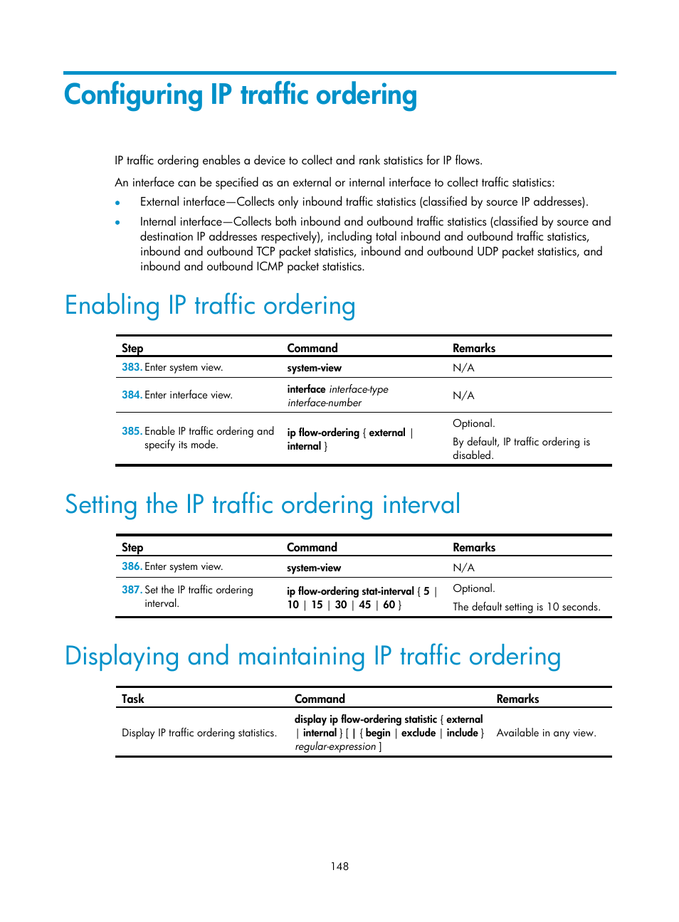 Configuring ip traffic ordering, Enabling ip traffic ordering, Setting the ip traffic ordering interval | Displaying and maintaining ip traffic ordering | H3C Technologies H3C MSR 50 User Manual | Page 161 / 239