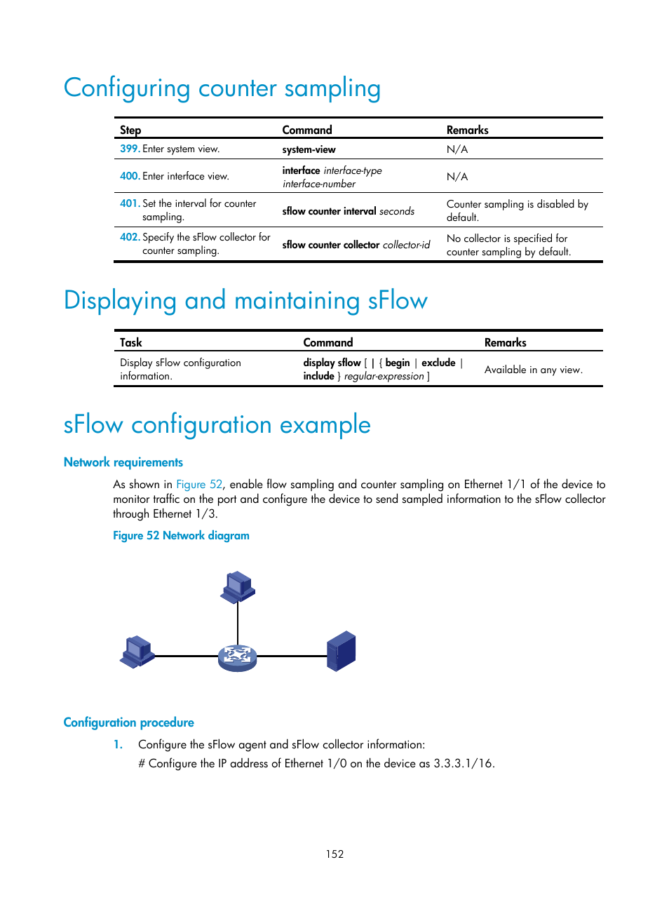 Configuring counter sampling, Displaying and maintaining sflow, Sflow configuration example | Network requirements, Configuration procedure | H3C Technologies H3C MSR 50 User Manual | Page 165 / 239