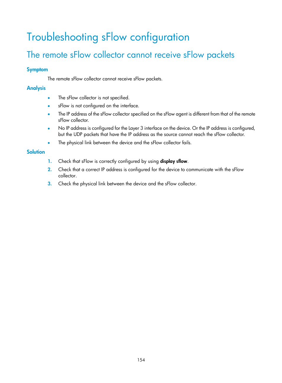 Troubleshooting sflow configuration, Symptom, Analysis | Solution | H3C Technologies H3C MSR 50 User Manual | Page 167 / 239