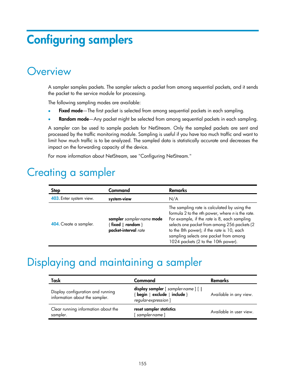 Configuring samplers, Overview, Creating a sampler | Displaying and maintaining a sampler | H3C Technologies H3C MSR 50 User Manual | Page 168 / 239