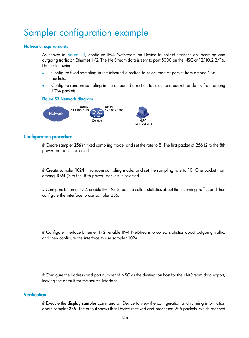 Sampler configuration example, Network requirements, Configuration procedure | Verification | H3C Technologies H3C MSR 50 User Manual | Page 169 / 239
