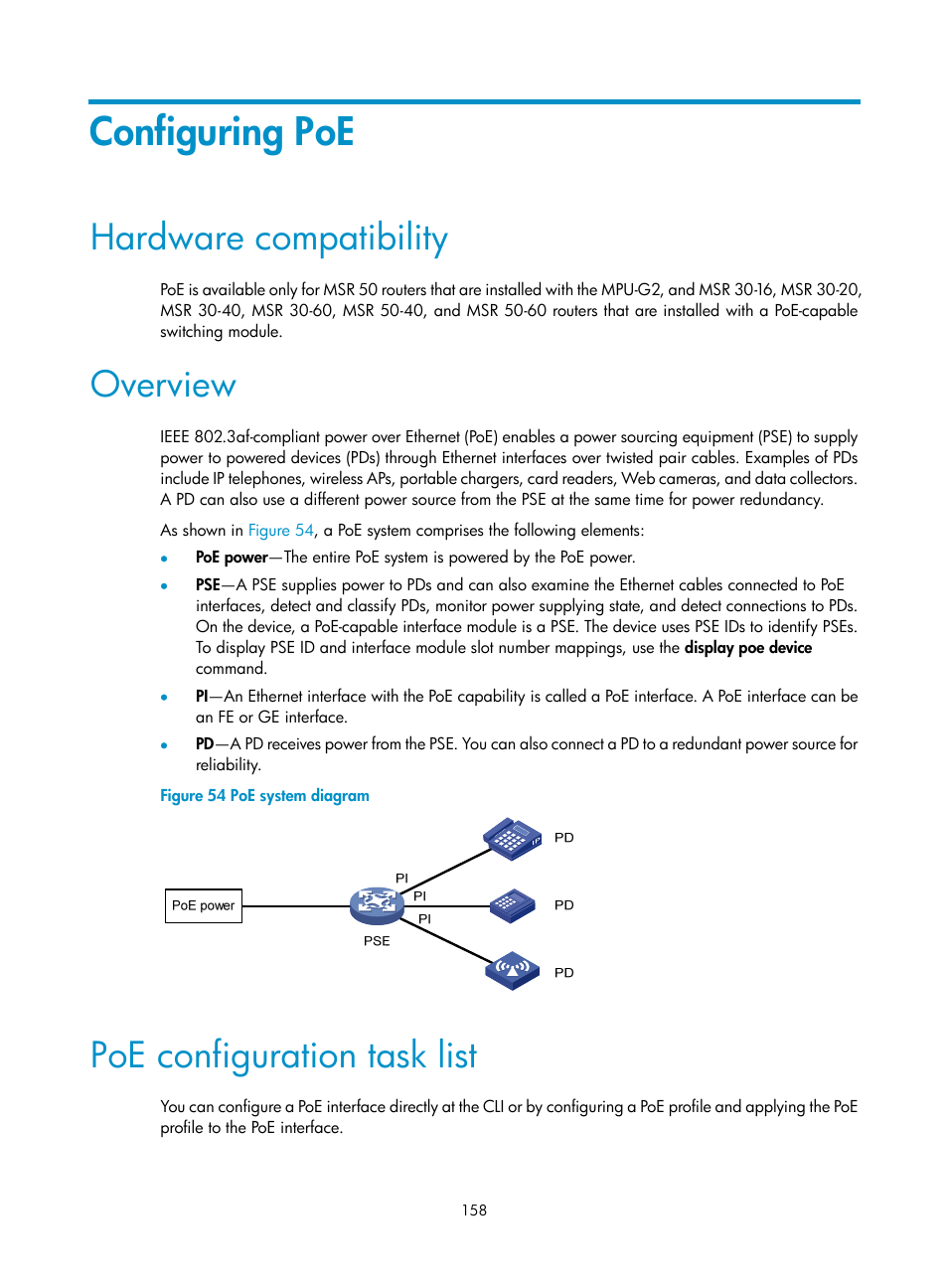 Configuring poe, Hardware compatibility, Overview | Poe configuration task list | H3C Technologies H3C MSR 50 User Manual | Page 171 / 239