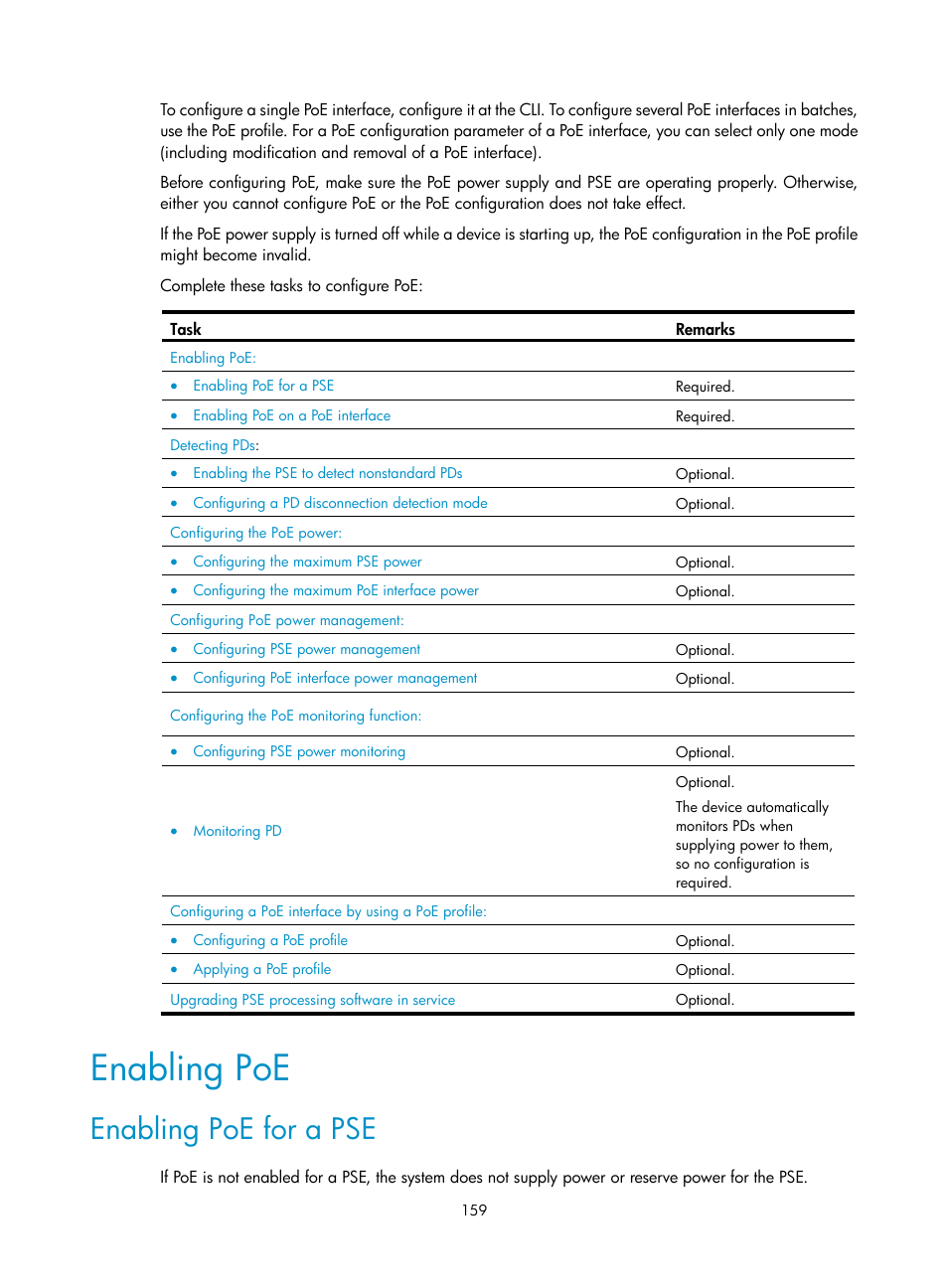 Enabling poe, Enabling poe for a pse | H3C Technologies H3C MSR 50 User Manual | Page 172 / 239