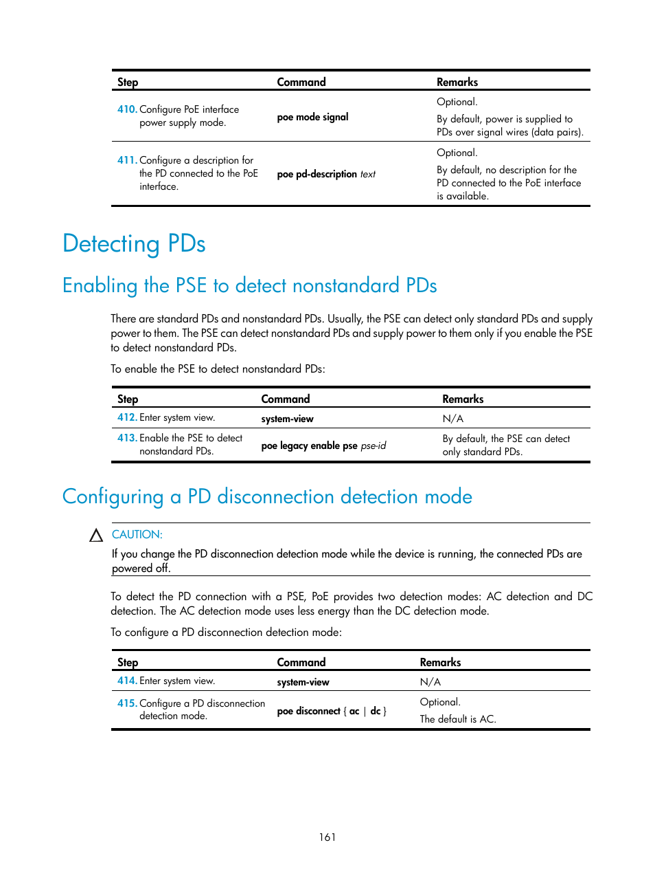 Detecting pds, Enabling the pse to detect nonstandard pds, Configuring a pd disconnection detection mode | H3C Technologies H3C MSR 50 User Manual | Page 174 / 239