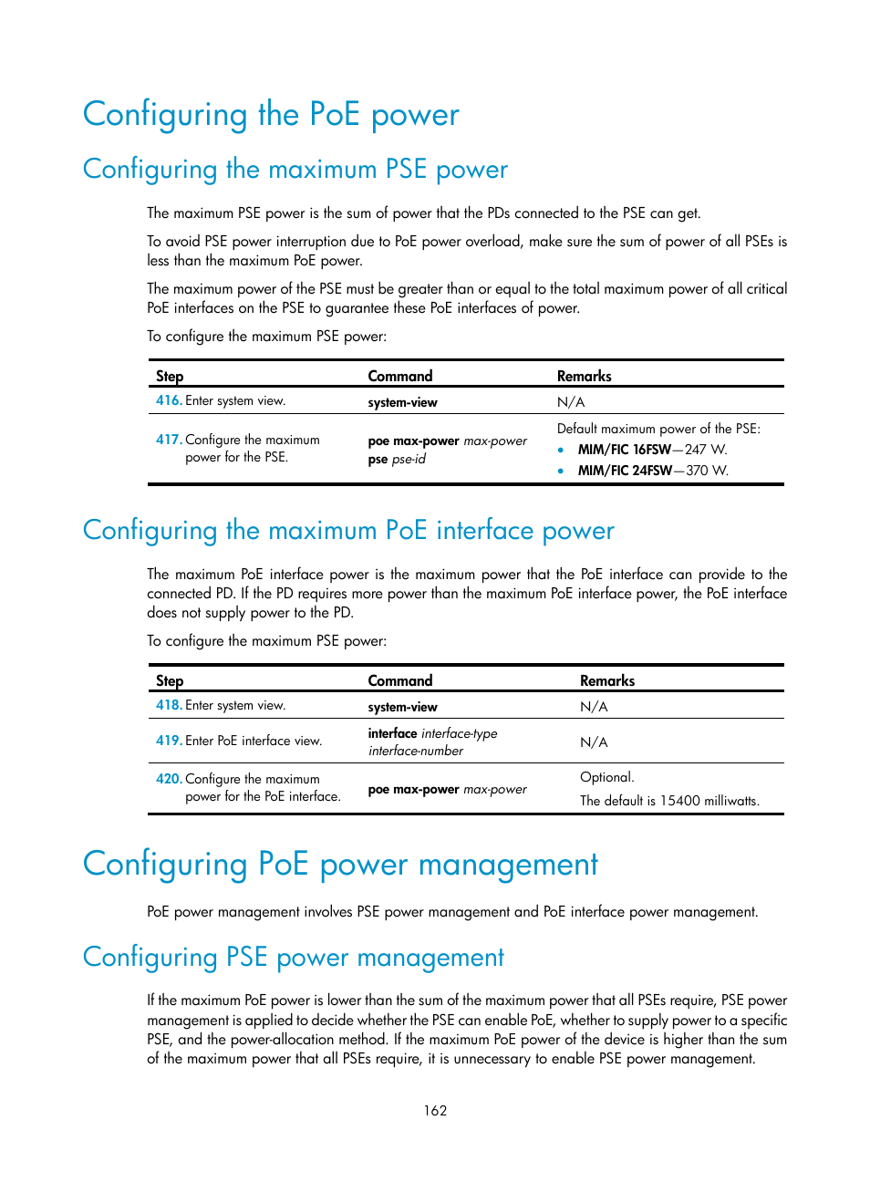 Configuring the poe power, Configuring the maximum pse power, Configuring the maximum poe interface power | Configuring poe power management, Configuring pse power management | H3C Technologies H3C MSR 50 User Manual | Page 175 / 239