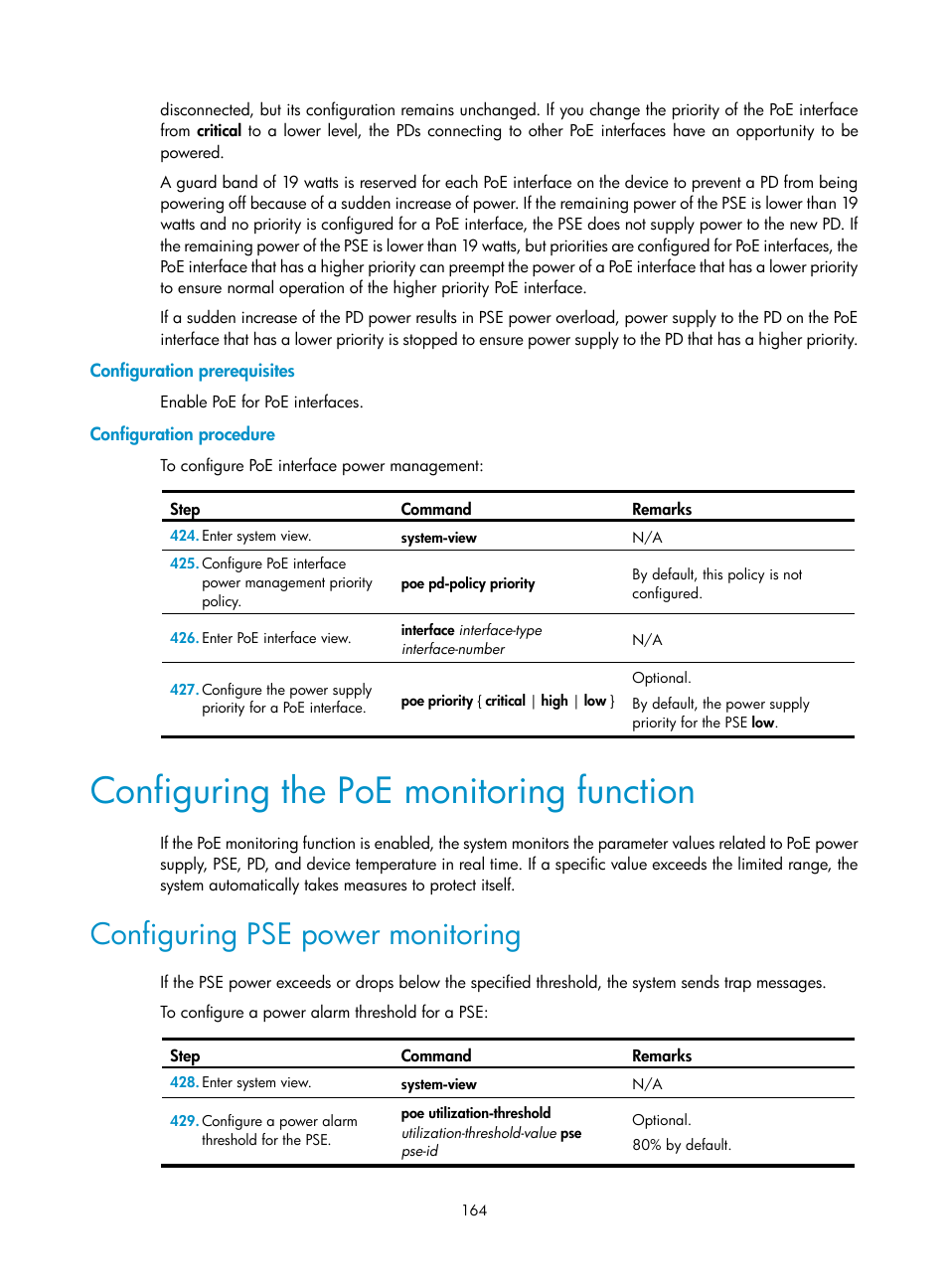 Configuration prerequisites, Configuration procedure, Configuring the poe monitoring function | Configuring pse power monitoring | H3C Technologies H3C MSR 50 User Manual | Page 177 / 239