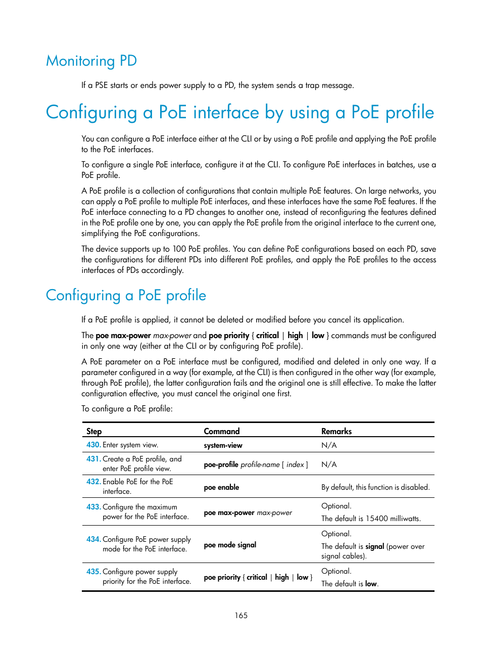 Monitoring pd, Configuring a poe interface by using a poe profile, Configuring a poe profile | H3C Technologies H3C MSR 50 User Manual | Page 178 / 239